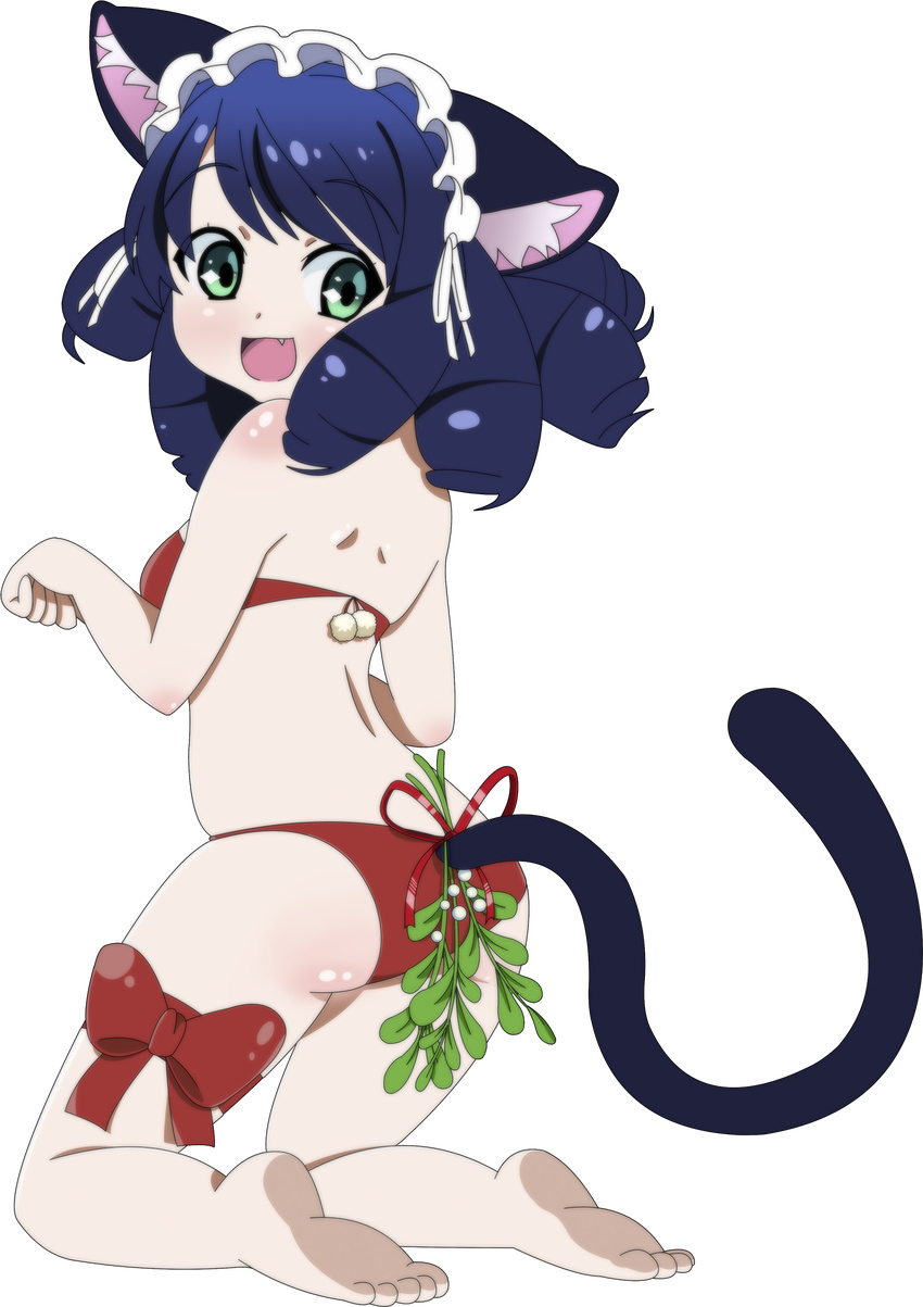 :d animal_ears back barefoot bikini blue_hair cat_ears cat_tail christmas commentary_request cyan_(show_by_rock!!) drill_hair fang feet from_behind green_eyes highres kneeling looking_back maid_headdress mistletoe open_mouth paw_pose red_bikini santa_bikini short_hair show_by_rock!! showers-u smile solo swimsuit tail thigh_bow toes transparent_background