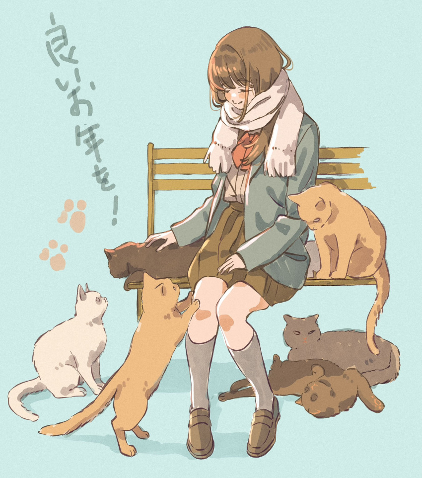 1girl bench blazer blue_background blue_jacket blush bow bowtie brown_footwear brown_hair brown_skirt cat closed_eyes closed_mouth dot_nose facing_down fringe_trim full_body grey_socks hand_on_lap high-waist_skirt highres jacket kneehighs knees_together_feet_apart loafers long_hair long_sleeves miniskirt open_clothes open_jacket original petting pleated_skirt red_bow red_bowtie scarf school_uniform shadow shirt shirt_tucked_in shoes simple_background sitting skirt smile socks solo takaki_(mh_399) translation_request white_scarf white_shirt