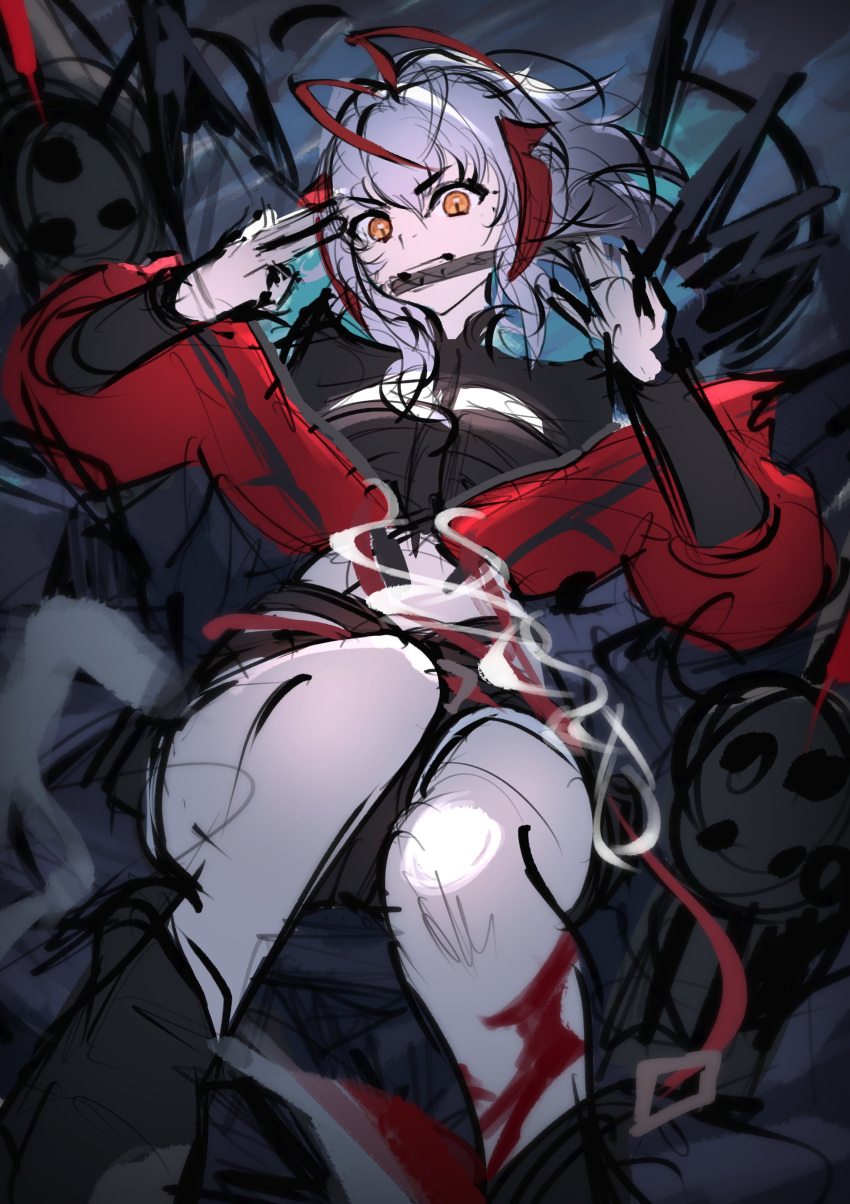 1girl absurdres adamosina antennae arknights bare_legs black_shirt commentary crop_top grey_hair highres horns jacket midriff off_shoulder red_jacket shirt sketch solo unfinished w_(arknights) wis'adel_(arknights)