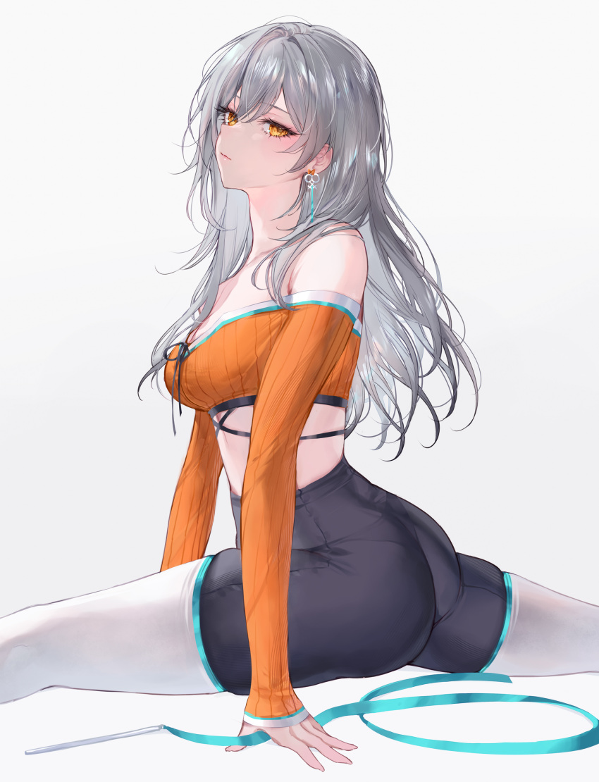 1girl absurdres alternate_costume ass bare_shoulders blush closed_mouth earrings grey_hair highres honkai:_star_rail honkai_(series) jewelry long_hair long_sleeves looking_at_viewer off_shoulder panties_visible_through_clothes qiandaiyiyu shorts simple_background solo split stelle_(honkai:_star_rail) thighhighs thighs trailblazer_(honkai:_star_rail) white_background white_thighhighs yellow_eyes