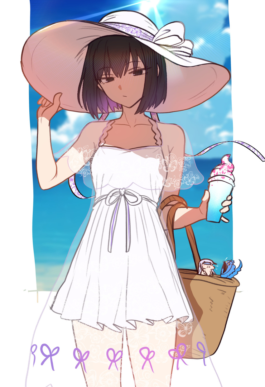 1girl absurdres bare_shoulders black_eyes black_hair blue_sky breasts dress ebora hat highres kuonji_alice mahou_tsukai_no_yoru medium_breasts short_hair sky solo sun_hat