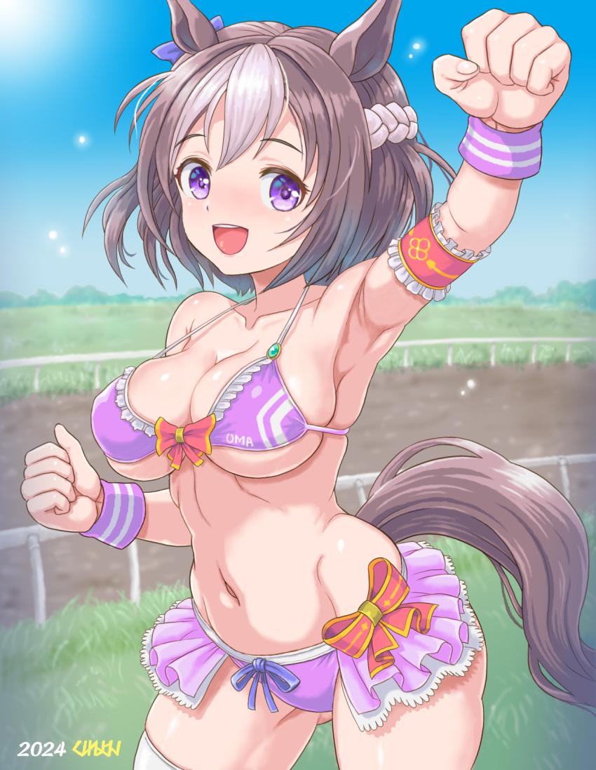 1girl animal_ears bikini blue_sky bow braid breasts brown_hair cleavage clenched_hands cloud commentary_request day ear_bow ear_ribbon french_braid frilled_bikini frills highres horse_ears horse_girl horse_tail kureyon medium_breasts multicolored_hair navel open_mouth outdoors purple_bow purple_eyes racetrack railing short_hair sky smile solo special_week_(umamusume) swimsuit tail teeth two-tone_hair umamusume upper_teeth_only white_hair wrist_cuffs