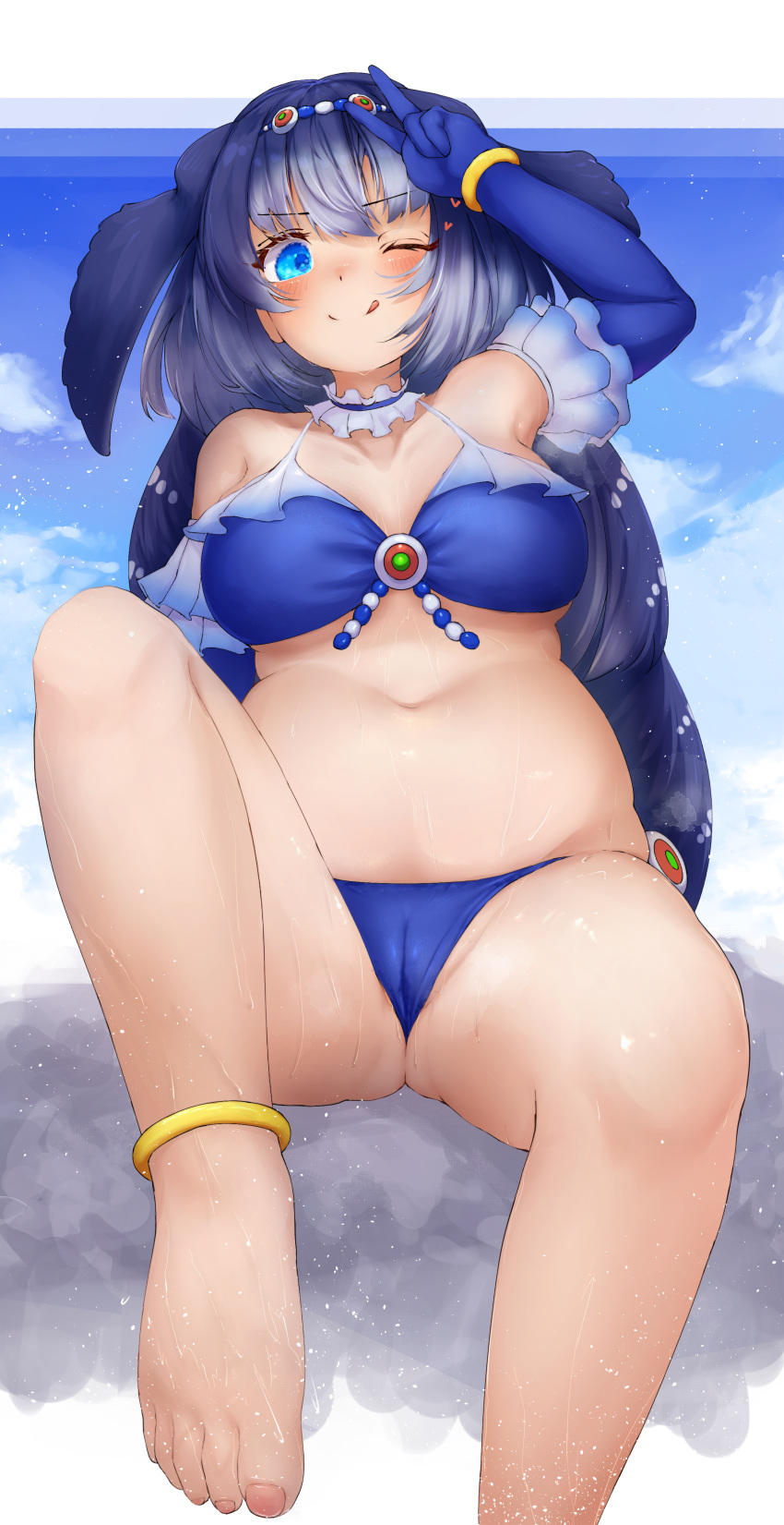 1girl ;q absurdres arm_up ass_visible_through_thighs barefoot belly bikini blue_bikini blue_eyes blue_hair blush breasts cameltoe choker dark_blue_hair elbow_gloves fins foot_out_of_frame frilled_choker frills gloves head_fins heart highres kemono_friends kemono_friends_3 knee_up large_breasts leaning_back light_blue_hair long_hair looking_at_viewer multicolored_hair navel one_eye_closed plump sitting skindentation smile solo spread_legs steller's_sea_cow_(kemono_friends) stomach straight-on swimsuit takara_(takara0508) toenails toes tongue tongue_out v very_long_hair wet