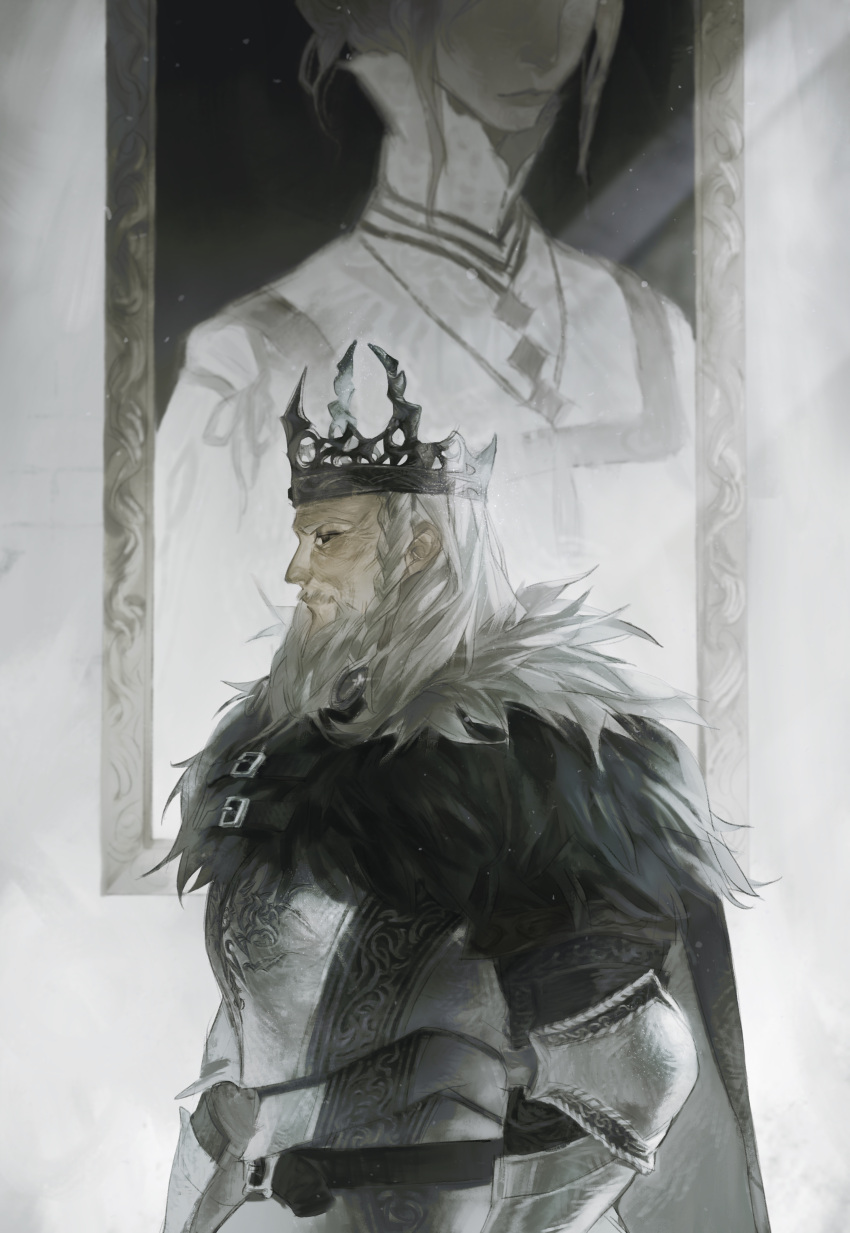 1boy absurdres armor beard belt black_cape black_eyes body_armor bozi_(labochushi) braided_sidelock cape character_request chinese_commentary commentary crown dark_souls_(series) dark_souls_ii facial_hair from_side full_armor fur-trimmed_cape fur_trim gauntlets grey_beard grey_hair high_collar highres king light_particles light_rays long_beard long_hair looking_ahead male_focus muscular muscular_male old old_man ornate_armor painting_(object) picture_frame plate_armor robe solo white_robe wrinkled_skin