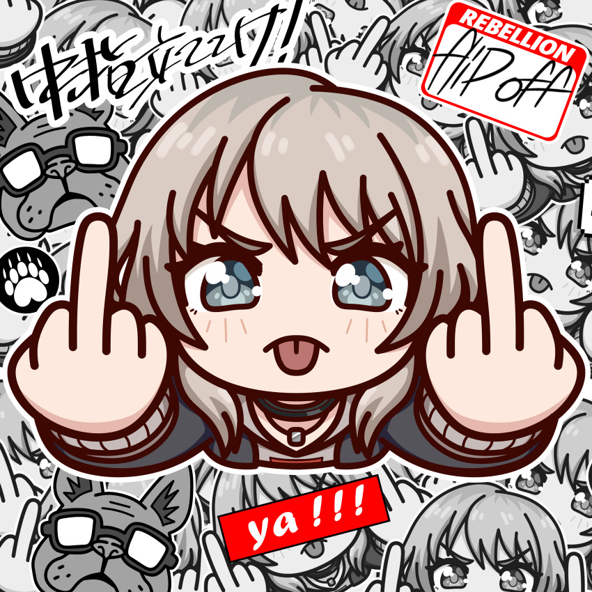 1girl :p absurdres arms_up black_choker black_jacket bulldog choker commentary deformed double_middle_finger english_commentary english_text from_above girls_band_cry grey_eyes grey_hoodie highres hood hoodie jacket jewelry kawaragi_momoka long_hair looking_at_viewer middle_finger mixed-language_text necklace noredji outline solo thick_outlines tongue tongue_out v-shaped_eyebrows white_outline