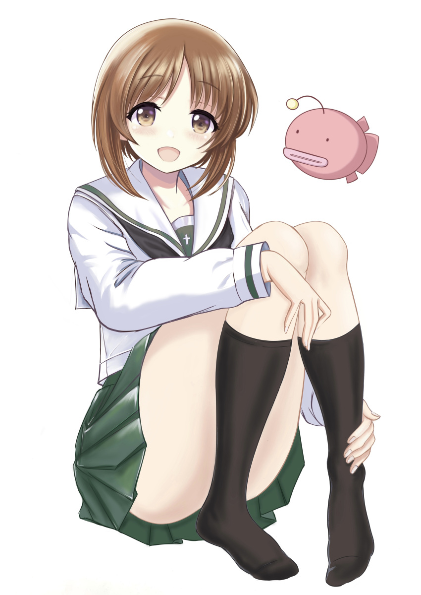 1girl absurdres anglerfish black_neckerchief black_socks blouse brown_eyes brown_hair commentary emblem fish full_body girls_und_panzer green_skirt highres kneehighs long_sleeves looking_at_viewer miniskirt neckerchief nishizumi_miho ooarai_school_uniform open_mouth pleated_skirt sailor_collar school_uniform serafuku shirt short_hair simple_background sitting skirt smile socks solo white_background white_sailor_collar white_shirt zaofeng