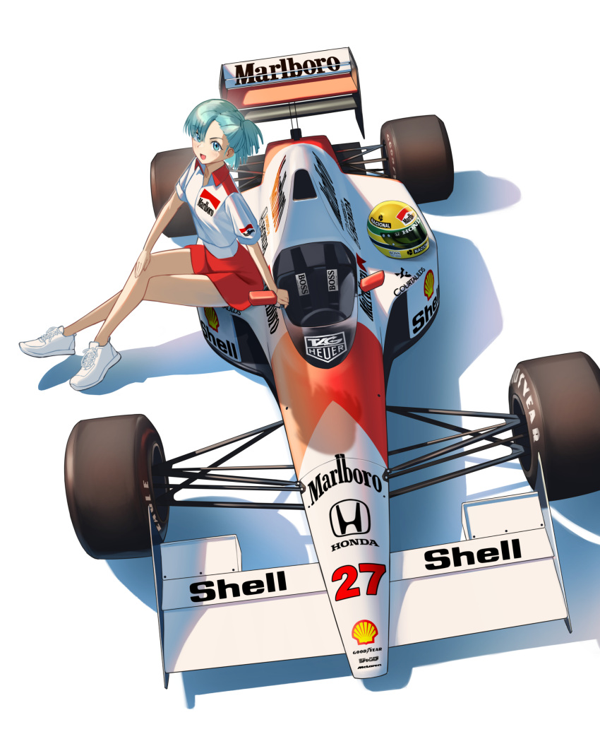 1girl absurdres aqua_eyes aqua_hair arm_support bulma car collared_shirt crossed_legs dragon_ball dragon_ball_z formula_one formula_racer from_above goodyear hand_on_own_knee haow helmet highres honda light_blush looking_at_viewer marlboro mclaren_mp4/5 motor_vehicle open_mouth race_vehicle racecar red_shorts shadow shell_(company) shirt shoes short_hair short_sleeves shorts side-view_mirror simple_background sitting smile sneakers solo spoiler_(automobile) steering_wheel tag_heuer vehicle_focus white_background white_footwear white_shirt