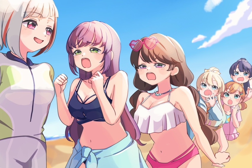 6+girls :d :o aqua_eyes arms_behind_back beach bikini black_bikini blonde_hair blue_eyes blue_hair blue_sky blush bob_cut bow breasts brown_hair cleavage cloud collarbone colored_inner_hair covering_own_mouth crossed_bangs dark_blue_hair diagonal_bangs fang fujishima_megumi gradient_hair green_eyes grey_hair grey_jacket grey_pants hair_bow hair_bun hair_ornament hair_scrunchie hand_over_own_mouth high_ponytail highres hinoshita_kaho inverted_bob jacket jacket_over_swimsuit light_blue_hair link!_like!_love_live! long_hair looking_at_another love_live! low_twintails medium_breasts medium_hair mismatched_bikini multi-strapped_bikini_top multi-tied_hair multicolored_hair multiple_girls murano_sayaka navel official_alternate_costume official_alternate_hairstyle orange_bikini orange_hair osawa_rurino otomune_kozue pants pink_bikini pink_jacket purple_eyes purple_hair red_eyes red_hair scrunchie short_hair short_twintails side_up_bun single_hair_bun sky smile stomach streaked_hair swimsuit teeth twintails upper_teeth_only virtual_youtuber white_bikini white_jacket white_scrunchie yugiri_tsuzuri zunda_mochi_(zundamochilala)