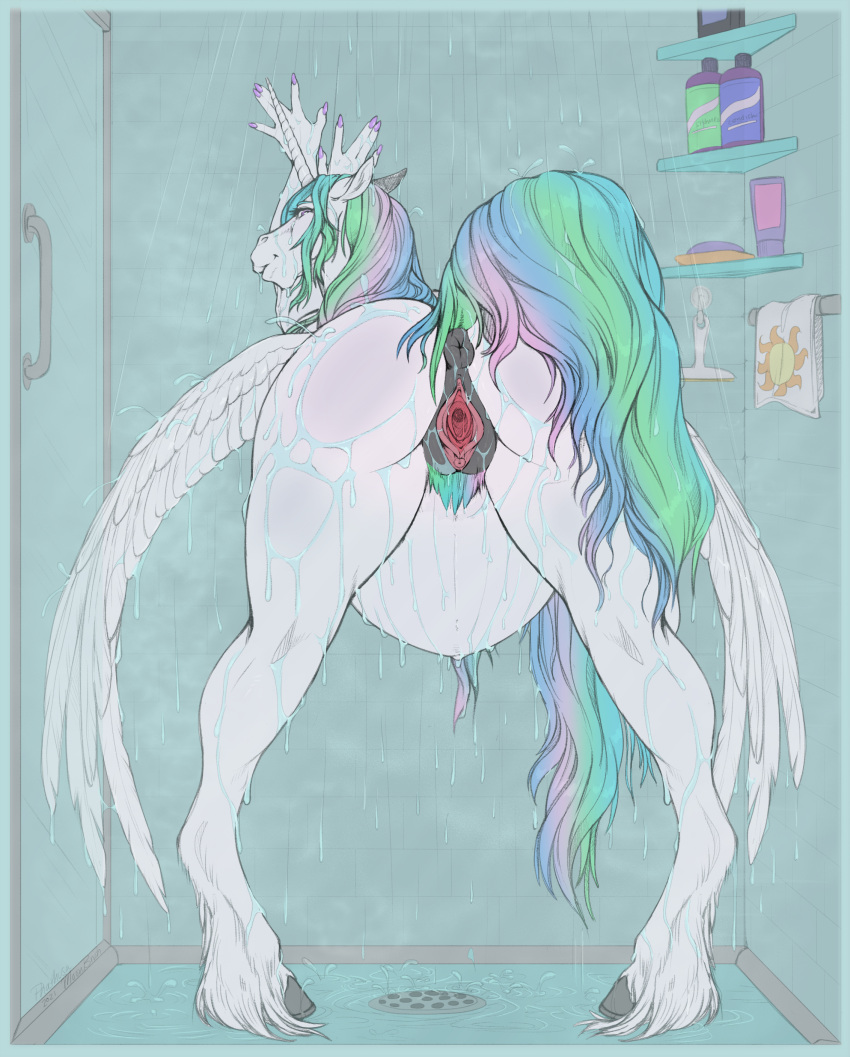 2021 absurd_res anthro anthrofied anus belly bent_over big_belly butt color_edit colored colored_nails equid equine female fetlocks friendship_is_magic gaping gaping_pussy genitals hair hasbro hi_res hooves horn long_hair looking_back mammal my_little_pony mythological_creature mythological_equine mythology nails nude pacificside18 phathusa pregnant presenting princess_celestia_(mlp) pubes purple_nail_polish purple_nails pussy raised_tail sex_toy shampoo shower signature solo tail third-party_edit towel water wet winged_unicorn wings