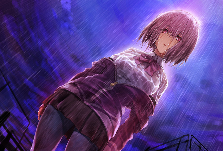1girl bow bowtie cloud collared_shirt commentary_request expressionless gridman_universe jacket looking_at_viewer miniskirt outdoors pantyhose parted_lips pink_eyes pink_hair rain shinjou_akane shirt short_hair skirt sky solo ssss.gridman ueda_metawo wet wet_clothes wet_hair