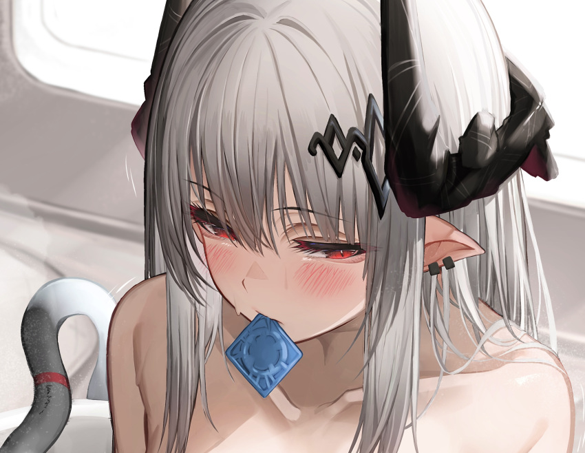 1girl arknights black_horns blush closed_mouth collarbone commentary_request condom condom_in_mouth condom_wrapper grey_hair hair_over_shoulder highres horns long_hair looking_at_viewer mouth_hold mudrock_(arknights) nude paid_reward_available pointy_ears red_eyes solo tab_head upper_body