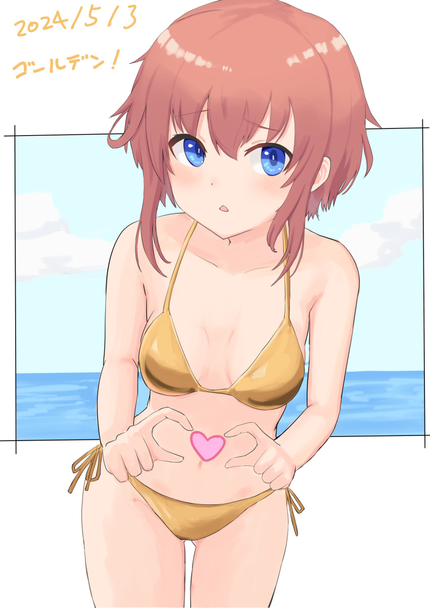 1girl alice_gear_aegis bikini blue_eyes breasts brown_hair cowboy_shot dated gold_bikini heart heart_hands highres kanagata_sugumi leaning_forward looking_at_viewer okra_(osakimakkura33) short_hair side-tie_bikini_bottom small_breasts solo swimsuit