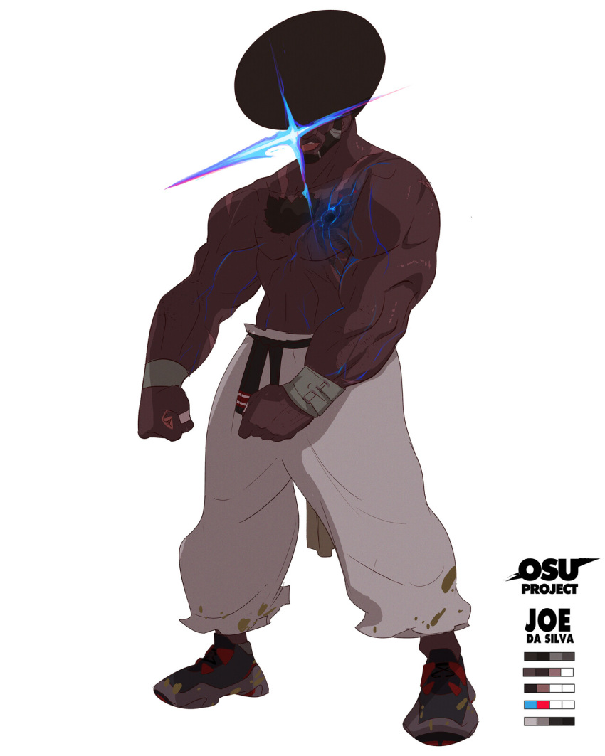 1boy afro bara beard belt black_belt blue_fire breasts chest_hair dark-skinned_male dark_skin facial_hair fire full_beard highres large_breasts large_pectorals lens_flare malcolm_(rocketboiart) male_focus multicolored_footwear muscular muscular_male original osu_project_(rocketboiart) pants pectorals sideburns very_dark_skin white_background white_pants