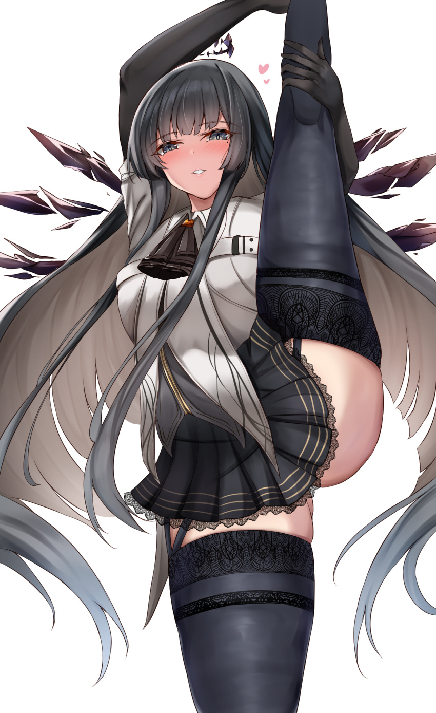 1girl arknights ascot black_ascot black_garter_straps black_halo black_thighhighs broken_halo collared_jacket dark_halo energy_wings flexible garter_straps halo highres hime_cut jacket kneepits lace-trimmed_thighhighs leg_hold leg_lift leg_up long_hair looking_at_viewer short-sleeved_jacket short_sleeves split standing standing_on_one_leg standing_split strap thighhighs uminekoin_kujira virtuosa_(arknights) white_background