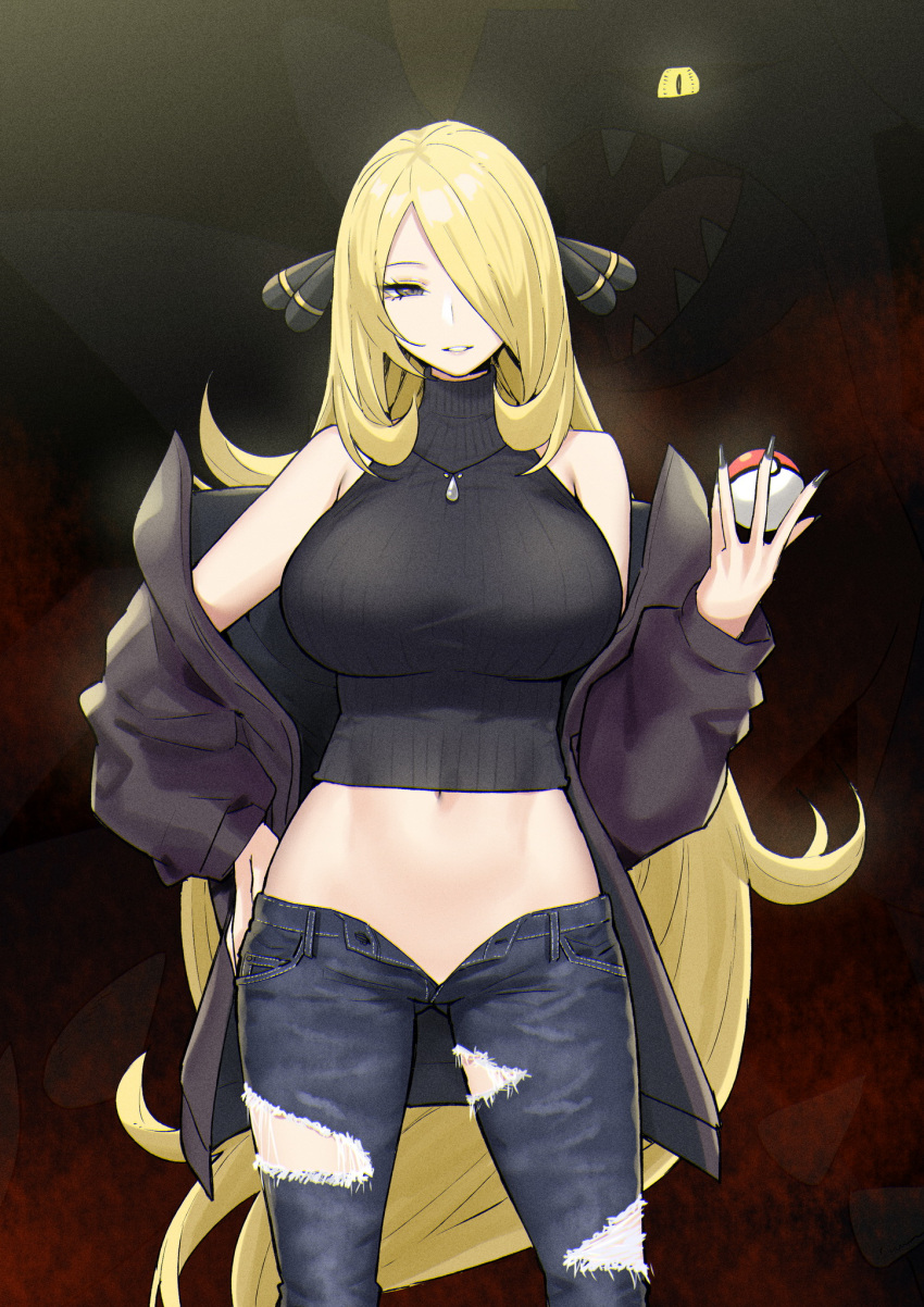 1girl alternate_costume blonde_hair blush breasts crop_top cynthia_(pokemon) denim garchomp glowing glowing_eyes grey_eyes hair_ornament hair_over_one_eye highres holding holding_poke_ball jeans large_breasts long_hair looking_at_viewer midriff navel no_panties pants poke_ball poke_ball_(basic) pokemon pokemon_dppt sky-freedom smile unbuttoned very_long_hair