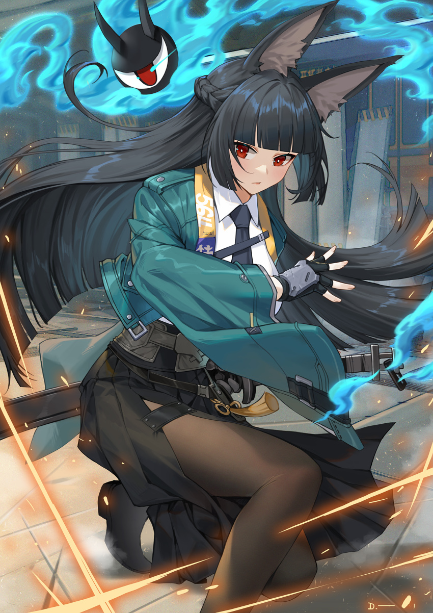 1girl animal_ears aqua_jacket black_footwear black_gloves black_hair black_necktie black_pantyhose black_skirt blue_fire breasts bright_pupils closed_mouth commentary_request fingerless_gloves fire fox_ears gloves highres holding holding_sword holding_weapon hoshimi_miyabi jacket katana large_breasts linreplica long_hair looking_at_viewer necktie on_one_knee pantyhose red_eyes ricocheting scabbard sheath shirt side_slit sidelocks single_fingerless_glove skirt solo sword very_long_hair weapon white_pupils white_shirt zenless_zone_zero