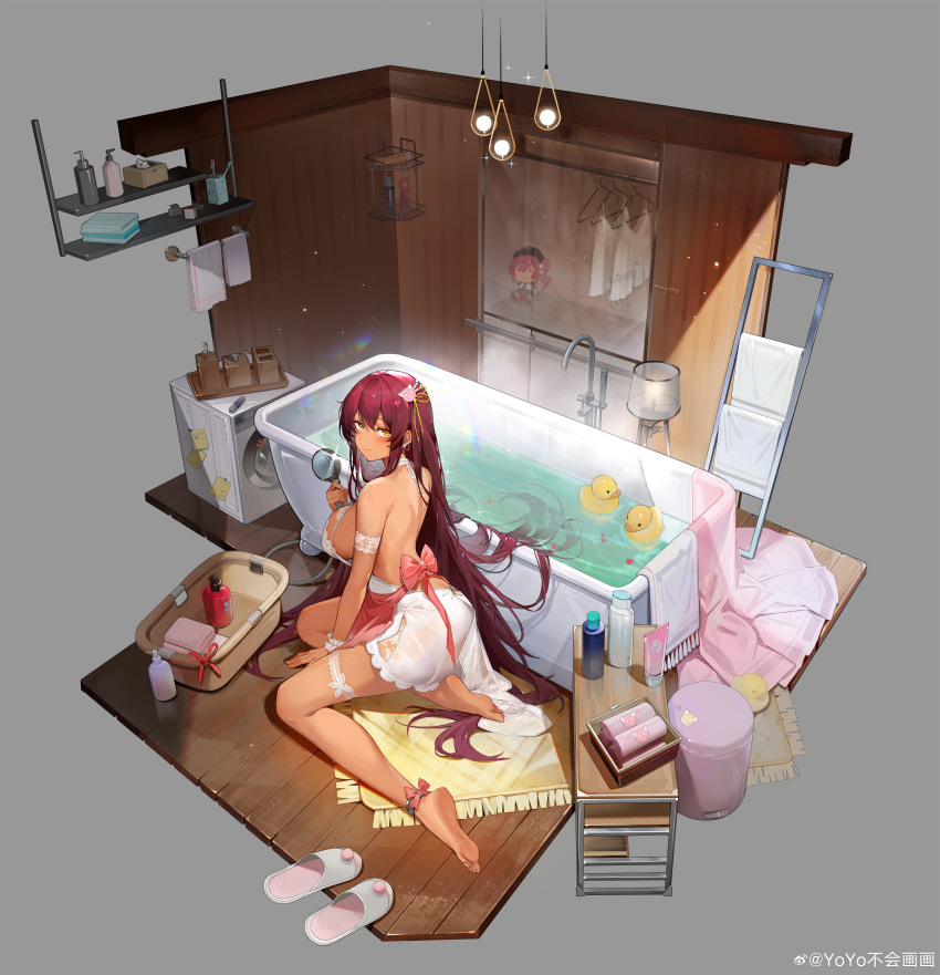 1girl absurdres ankle_ribbon anklet apron armband ass back backless_outfit bare_shoulders barefoot basket bath bathroom bathtub blush breasts bridal_garter cat_hair_ornament ceiling_light character_doll claw_foot_bathtub closed_mouth clothes_hanger dark-skinned_female dark_skin diorama earrings faucet feet full_body girls'_frontline grey_background hair_between_eyes hair_ornament hair_ribbon highres holding holding_shower_head indoors jewelry kneeling lampshade large_breasts leg_ribbon legs light_bulb light_particles long_hair looking_at_viewer looking_back negligee official_alternate_costume official_alternate_hairstyle official_art on_floor pearl_hair_ornament perspective pink_apron pink_ribbon purple_hair ribbon rug saiga-12_(cleansing_waves_in_shallow_pool)_(girls'_frontline) saiga-12_(girls'_frontline) shelf shower_head sideboob sitting slippers smile soap_dispenser soles solo sparkle sticky_note toes toothbrush towel towel_rack trash_can unworn_slippers very_long_hair washing_machine water weibo_logo weibo_watermark white_armband white_footwear white_negligee white_wrist_cuffs wooden_floor wooden_wall wrist_cuffs yellow_eyes yellow_ribbon yokozuwari yoyo_(550098)