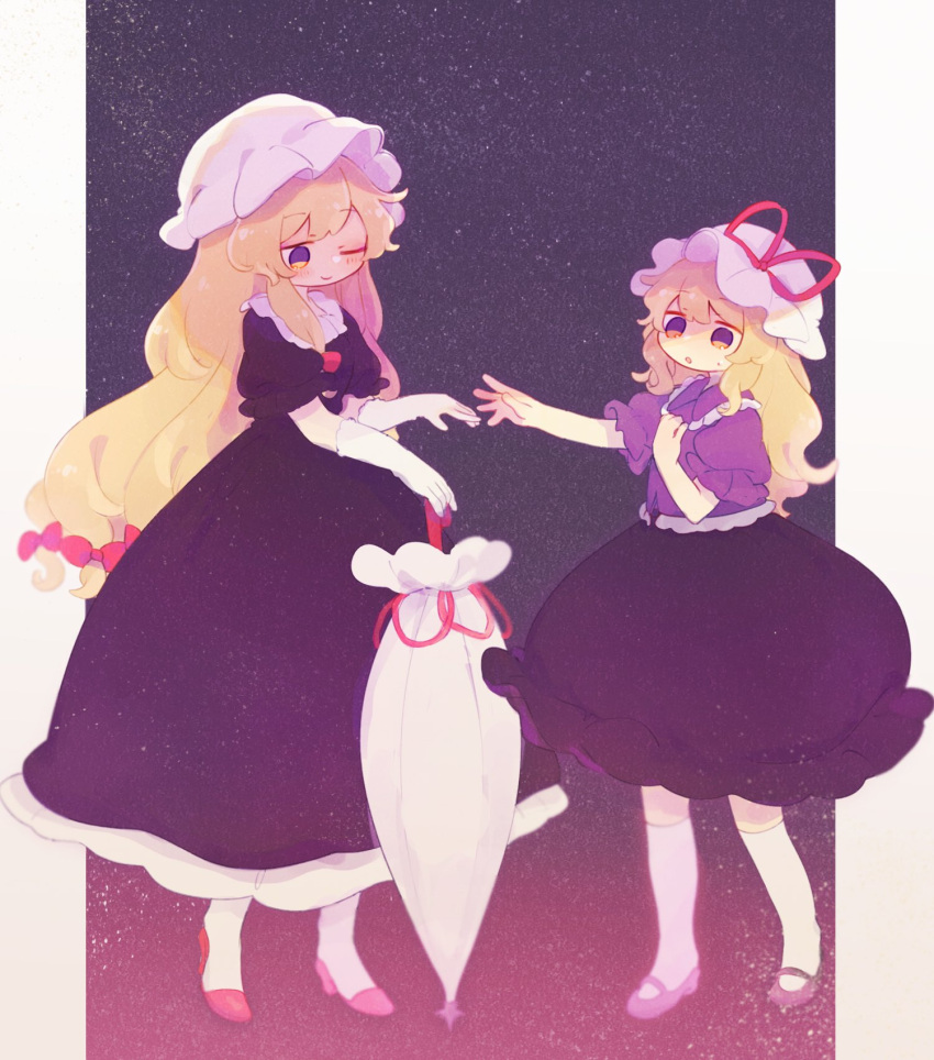 2girls ashiyu_(ashu-ashu) black_footwear blonde_hair blouse bow closed_mouth closed_umbrella commentary_request dress elbow_gloves frilled_shirt_collar frills full_body gloves hat hat_bow hat_ribbon high_heels highres long_hair maribel_hearn mary_janes mob_cap multiple_girls one_eye_closed open_mouth parasol puffy_short_sleeves puffy_sleeves purple_dress purple_eyes purple_shirt purple_skirt red_ribbon ribbon shirt shoes short_sleeves skirt sky smile standing star_(sky) starry_sky taboo_japan_disentanglement touhou umbrella very_long_hair white_gloves white_hat white_umbrella yakumo_yukari yellow_eyes