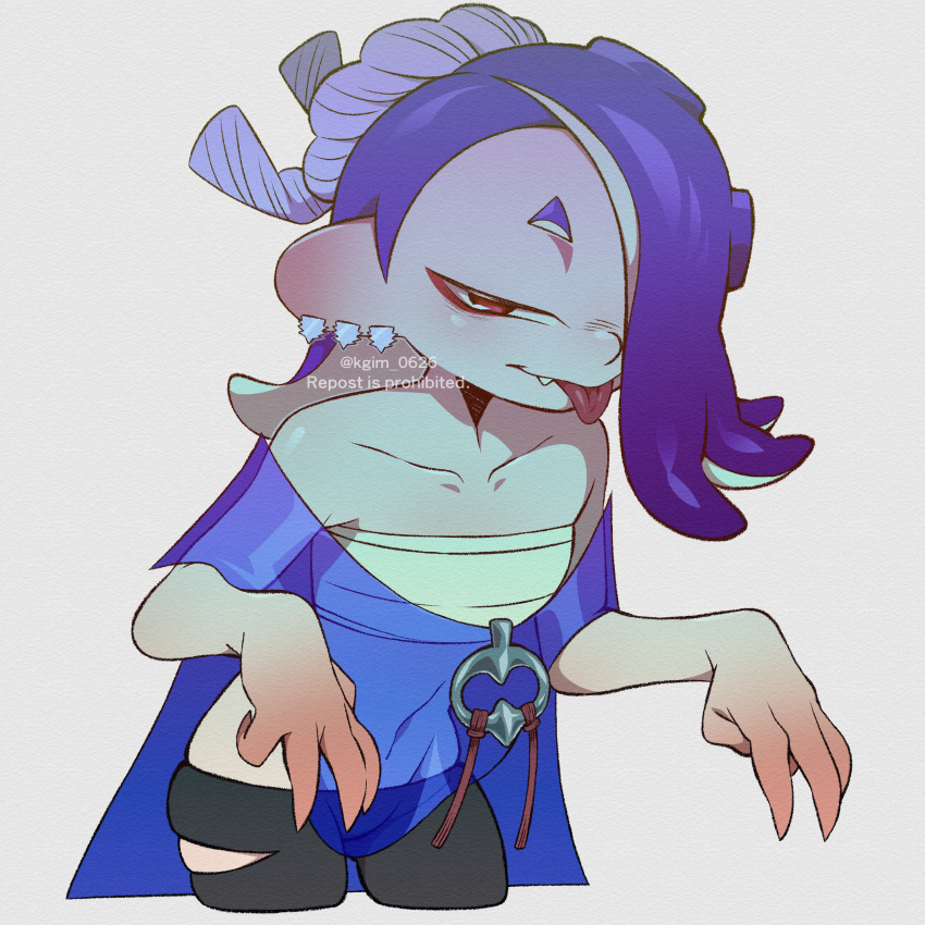 1girl absurdres bare_shoulders black_pants blue_hair collarbone ear_piercing fang fang_out hair_over_one_eye highres kageimo looking_at_viewer navel pants piercing red_eyes sarashi shiver_(splatoon) simple_background solo splatoon_(series) splatoon_3 tentacle_hair tongue tongue_out twitter_username white_background