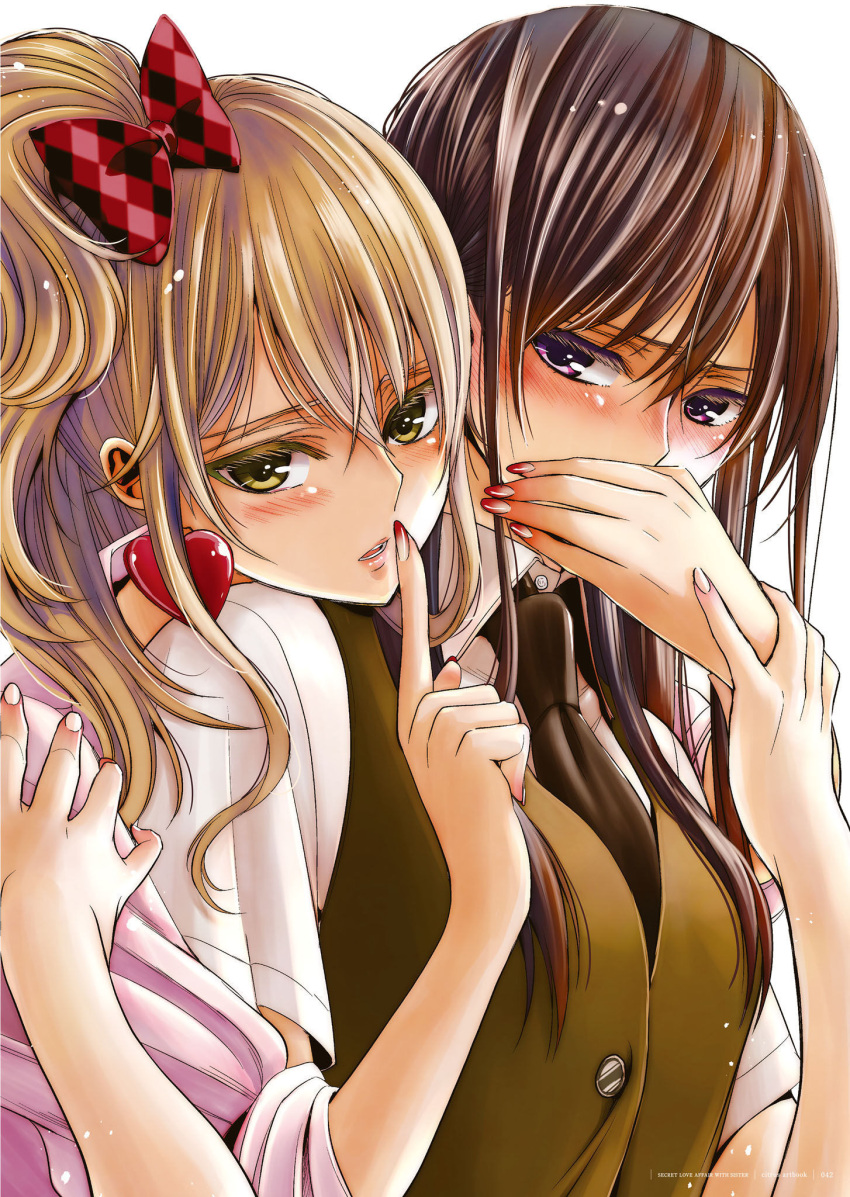 2girls aihara_academy_school_uniform aihara_mei aihara_yuzu black_hair blonde_hair blush breasts citrus_(saburouta) ear_blush earrings finger_to_mouth green_eyes hair_between_eyes hand_on_another's_mouth hand_up highres index_finger_raised jewelry long_hair looking_at_viewer medium_breasts multiple_girls official_art open_mouth parted_lips purple_eyes saburouta school_uniform shirt shushing step-siblings step-sisters white_shirt wife_and_wife yuri