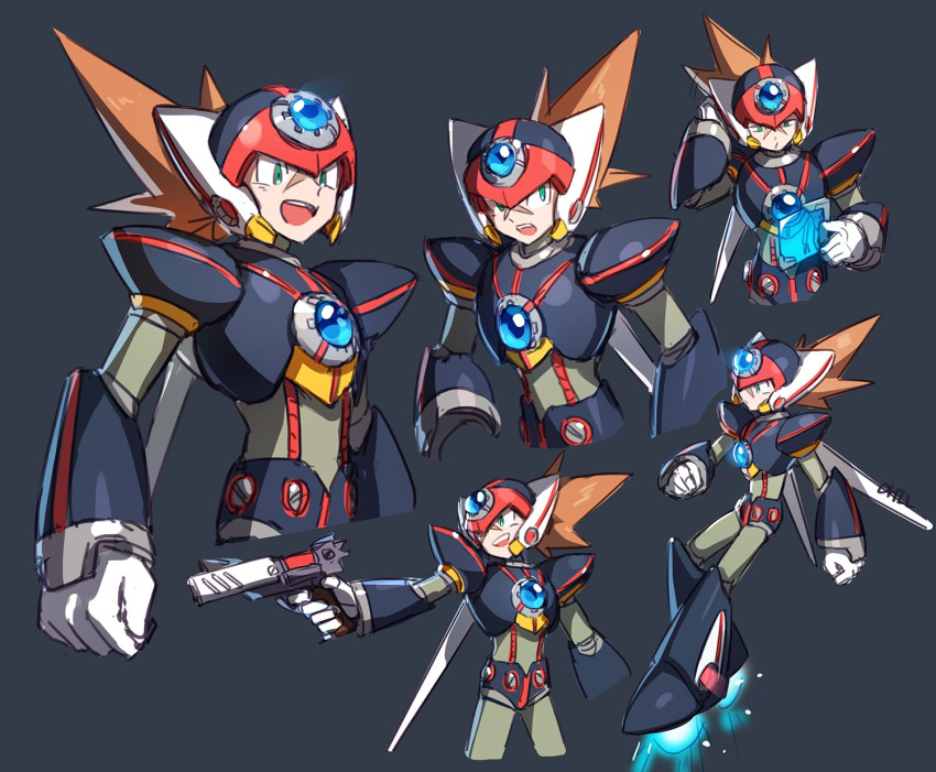 1boy armor axl_(mega_man) black_armor black_footwear black_helmet boots brown_hair chest_jewel cowboy_shot cross_scar finger_on_trigger forehead_jewel full_body green_eyes grey_background gun helmet highres holding holding_gun holding_weapon long_hair male_focus mega_man_(series) mega_man_x_(series) multiple_views ohil_(ohil822) red_helmet scar scar_on_face shoulder_armor spiked_hair upper_body weapon