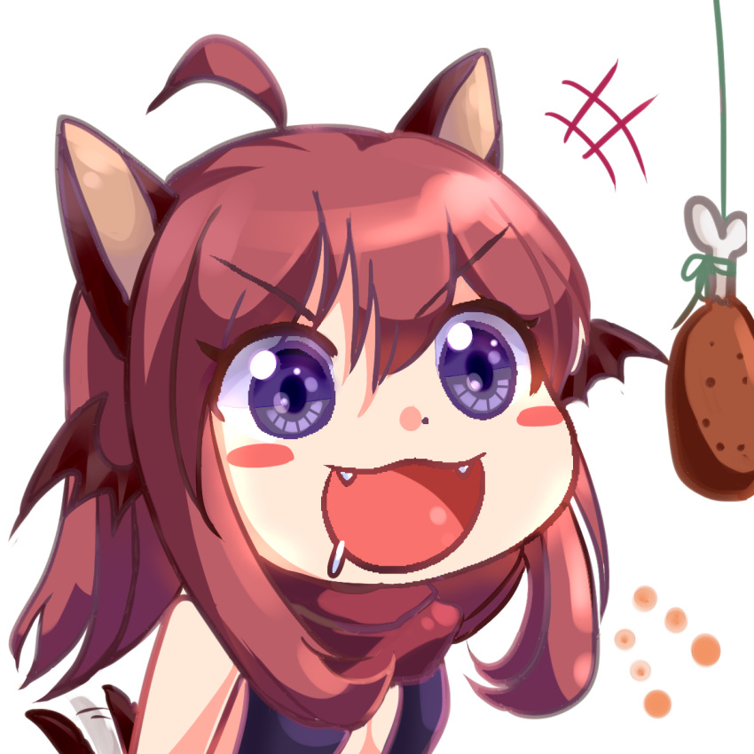 +++ 1girl ahoge animal_ears assassin_cross_(ragnarok_online) bat_wings black_leotard black_wings blush_stickers cat_ears cat_girl chibi chicken_leg commentary_request ear_wings fangs gyate_gyate hair_between_eyes highres lanmei_jiang leotard medium_bangs medium_hair open_mouth pink_hair purple_eyes ragnarok_online smile solo upper_body v-shaped_eyebrows wings