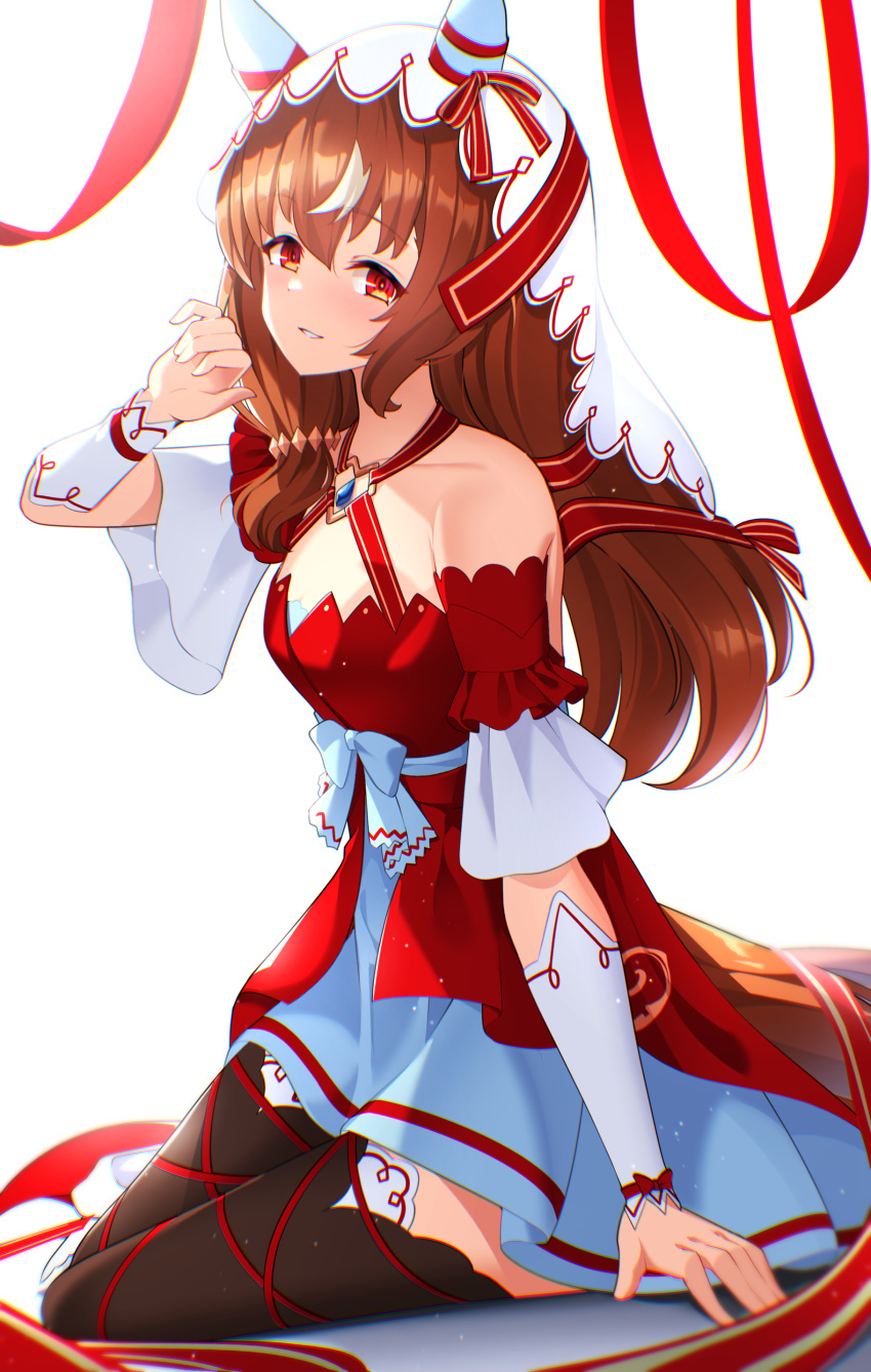 1girl absurdres animal_ears blush breasts brown_hair chest_jewel collarbone commentary_request detached_sleeves hair_between_eyes hair_ornament highres horse_ears horse_girl horse_tail looking_at_viewer open_mouth red_eyes ribbon small_breasts solo still_in_love_(umamusume) sunny_(20597521) tail thighhighs umamusume veil