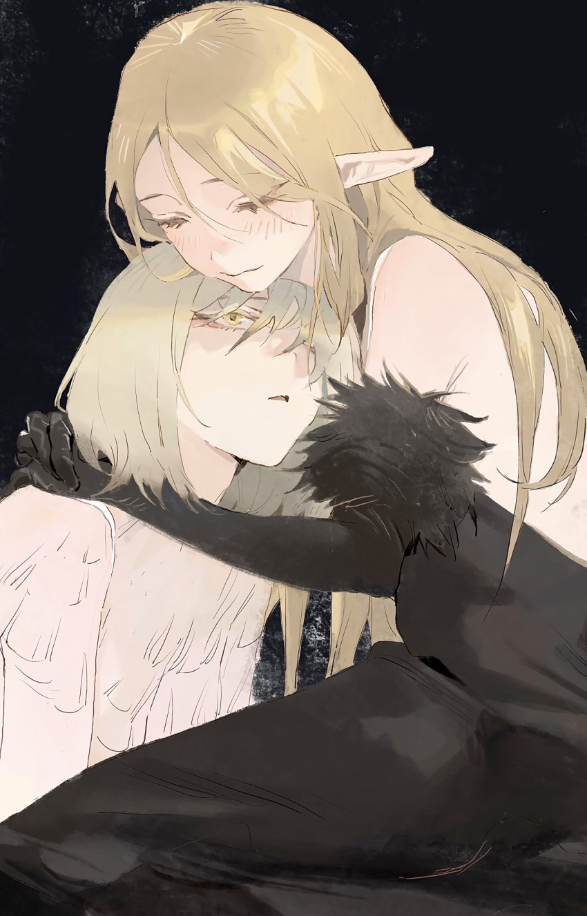 2girls bare_shoulders black_background black_dress blonde_hair closed_eyes closed_mouth commentary_request dress dungeon_meshi elf falin_touden falin_touden_(chimera) feathers head_on_hand highres hug le_(szs0k) long_hair marcille_donato marcille_donato_(lord) multiple_girls off-shoulder_dress off_shoulder parted_lips pointy_ears smile yellow_eyes yuri