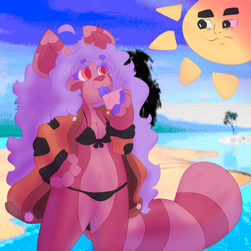 :3 ailurid anthro beach big_tail bikini bikini_bottom bikini_top clothing eljardindeluna female hair hi_res jacket luna_(eljardindeluna) mammal purple_hair red_panda solo sun swimwear tail topwear