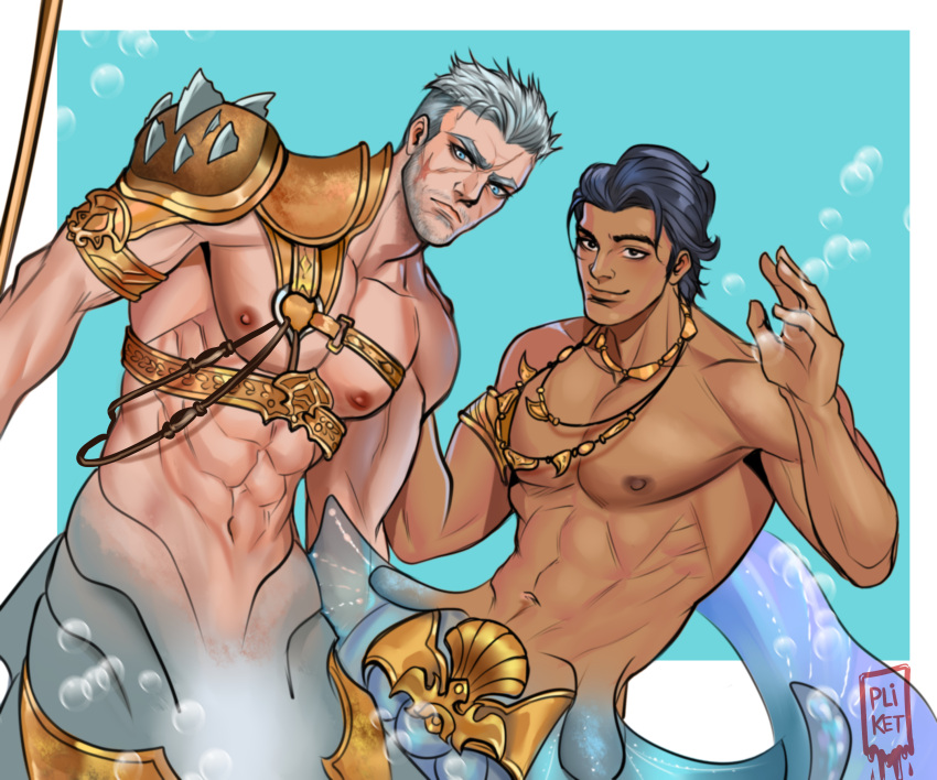 2boys abs absurdres bara beard_stubble character_request coral_island cowboy_shot dark-skinned_male dark_skin facial_hair frown gold grey_hair highres large_pectorals looking_at_viewer male_focus mature_male merman mermay_2023 monster_boy multiple_boys muscular muscular_male mustache navel nipples pectorals scar scar_on_face semeru_(coral_island) short_hair stomach stubble tazahan thick_eyebrows waving
