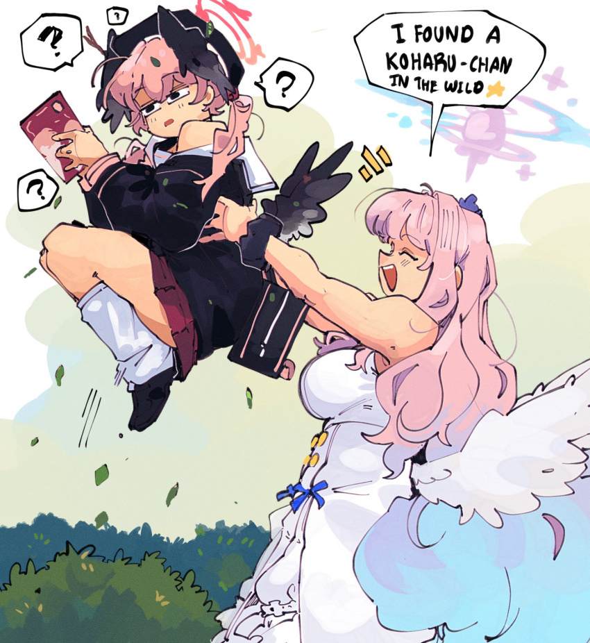 2girls ? black_bag black_footwear black_hat black_shirt black_wings blue_archive blue_hair book breasts bush dress english_text from_side halo hat head_wings highres holding holding_book kinzaibatsu91 koharu_(blue_archive) large_breasts lifting_person long_hair long_sleeves low_wings mika_(blue_archive) multiple_girls open_mouth pink_hair pink_halo red_halo red_skirt scrunchie shirt skirt sleeveless sleeveless_dress smile socks speech_bubble spoken_question_mark white_dress white_socks white_wings wings wrist_scrunchie