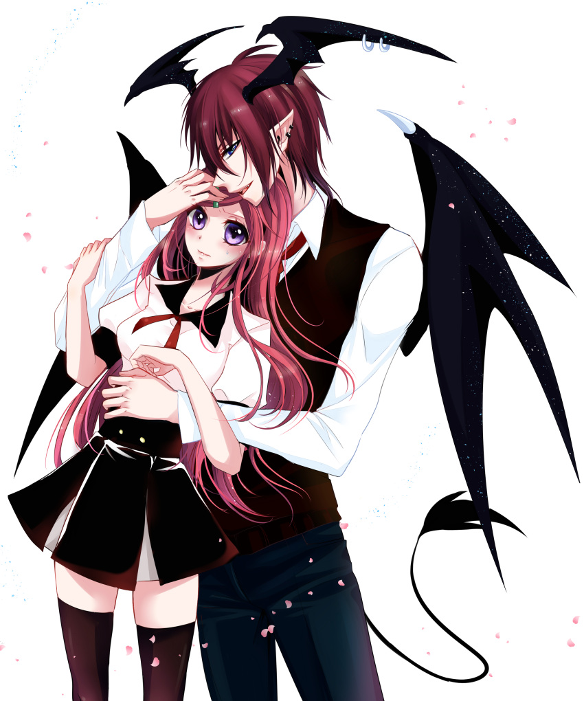 1boy 1girl absurdres bishounen black_skirt black_thighhighs black_vest black_wings blue_eyes blush breasts closed_mouth collared_shirt commentary cowboy_shot demon_boy demon_tail earrings falling_petals hair_between_eyes hand_on_another's_head hand_on_another's_stomach head_wings hetero highres jewelry lanmei_jiang long_bangs long_hair long_sleeves looking_at_viewer medium_breasts ming_wei_aiqing_de_chibang multiple_earrings open_mouth petals purple_eyes red_hair shirt short_sleeves sidelocks simple_background skirt smile swept_bangs tail thighhighs vest white_background white_shirt wing_earrings wings