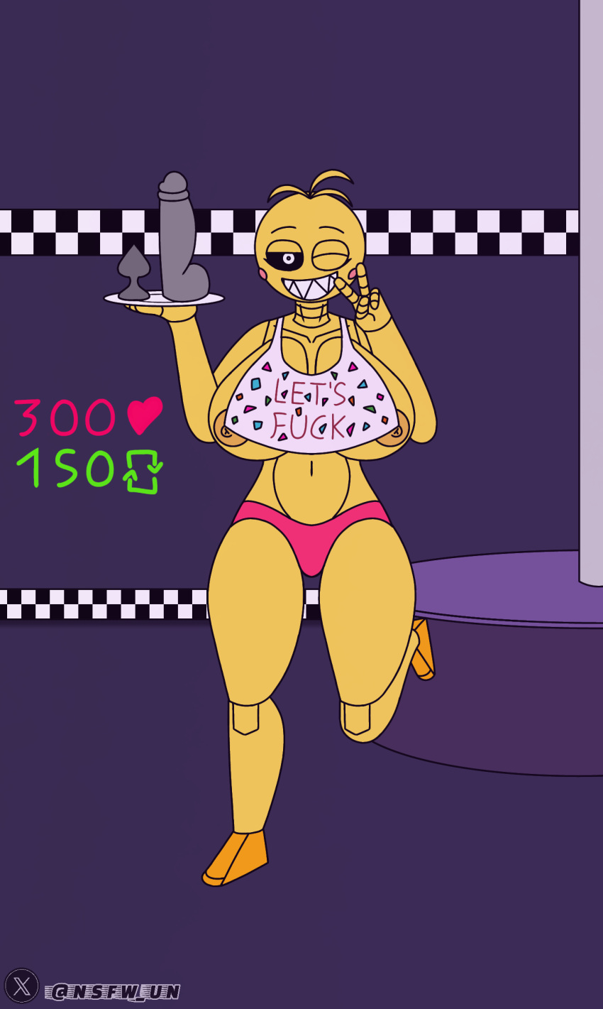 2024 absurd_res avian big_breasts bird breasts chicken female five_nights_at_freddy's five_nights_at_freddy's_2 galliform gallus_(genus) hi_res invalid_tag machine phasianid robot scottgames smile solo strip_game therobotnsfw thick_thighs thighs toy_chica_(fnaf) wide_hips