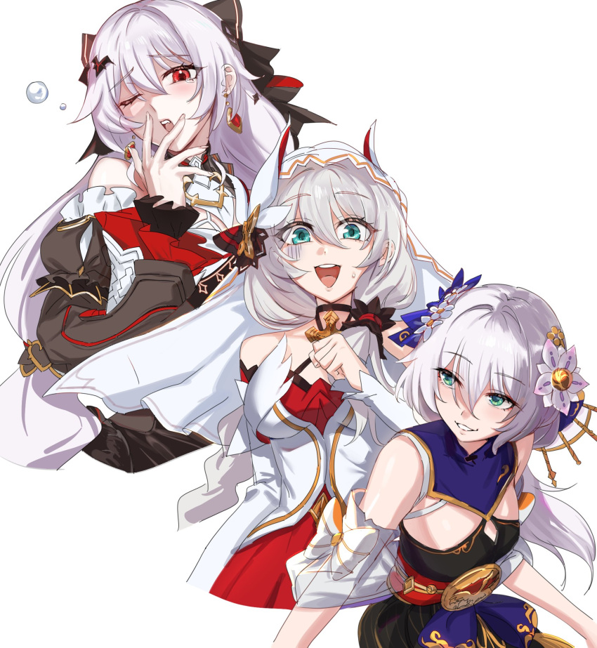 3girls :d bare_shoulders black_bow black_dress black_sleeves blue_eyes bow china_dress chinese_clothes detached_sleeves dress earrings flower hair_bow hair_flower hair_ornament highres honkai_(series) honkai_impact_3rd jewelry kame_(addlechicken) multiple_girls multiple_persona one_eye_closed red_eyes simple_background smile teeth theresa_apocalypse theresa_apocalypse_(celestial_hymn) theresa_apocalypse_(luna_kindred) theresa_apocalypse_(lunar_vow:_crimson_love) upper_body upper_teeth_only veil white_background white_dress white_flower white_hair white_sleeves yawning zhuge_kongming_(honkai_impact)