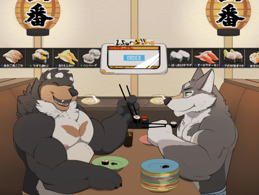 2019 4:3 anthro areola bear belly biceps big_muscles biped booth_seating brown_body brown_fur canid canine canis chopsticks date detailed_background digital_drawing_(artwork) digital_media_(artwork) eating english_text eyebrows flint_(themodestwolf) food fur gloves_(marking) green_eyes grey_body grey_fur hybrid japanese_text looking_at_another male mammal markings mosin musclegut muscular muscular_anthro muscular_male mustelid nipples open_mouth otter pecs plate restaurant screen sitting sushi text waffle_(bearpaw93) wolf