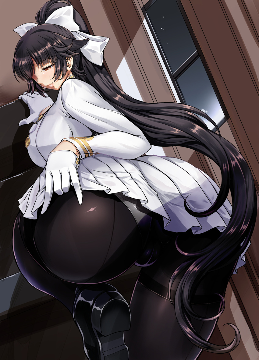 1girl artist_request ass azur_lane black_hair blush bow breasts brown_eyes embarrassed from_behind gloves hair_bow hair_over_one_eye large_breasts long_hair looking_down military military_uniform panties panties_under_pantyhose pantyhose ponytail shiny shiny_clothes shiny_hair sideboob skirt skirt_hold skirt_lift solo takao_(azur_lane) thighband_pantyhose uniform very_long_hair white_clothes white_gloves white_skirt