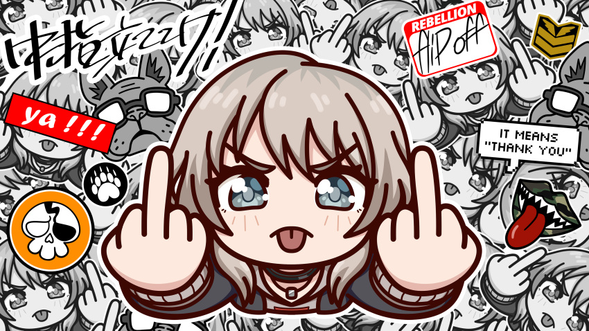 1girl :p absurdres arms_up black_choker black_jacket bulldog choker commentary deformed double_middle_finger english_commentary english_text from_above girls_band_cry grey_eyes grey_hoodie highres hood hoodie jacket jewelry kawaragi_momoka long_hair looking_at_viewer middle_finger mixed-language_text necklace noredji outline paw_print pixelated skull solo speech_bubble thick_outlines tongue tongue_out v-shaped_eyebrows white_outline