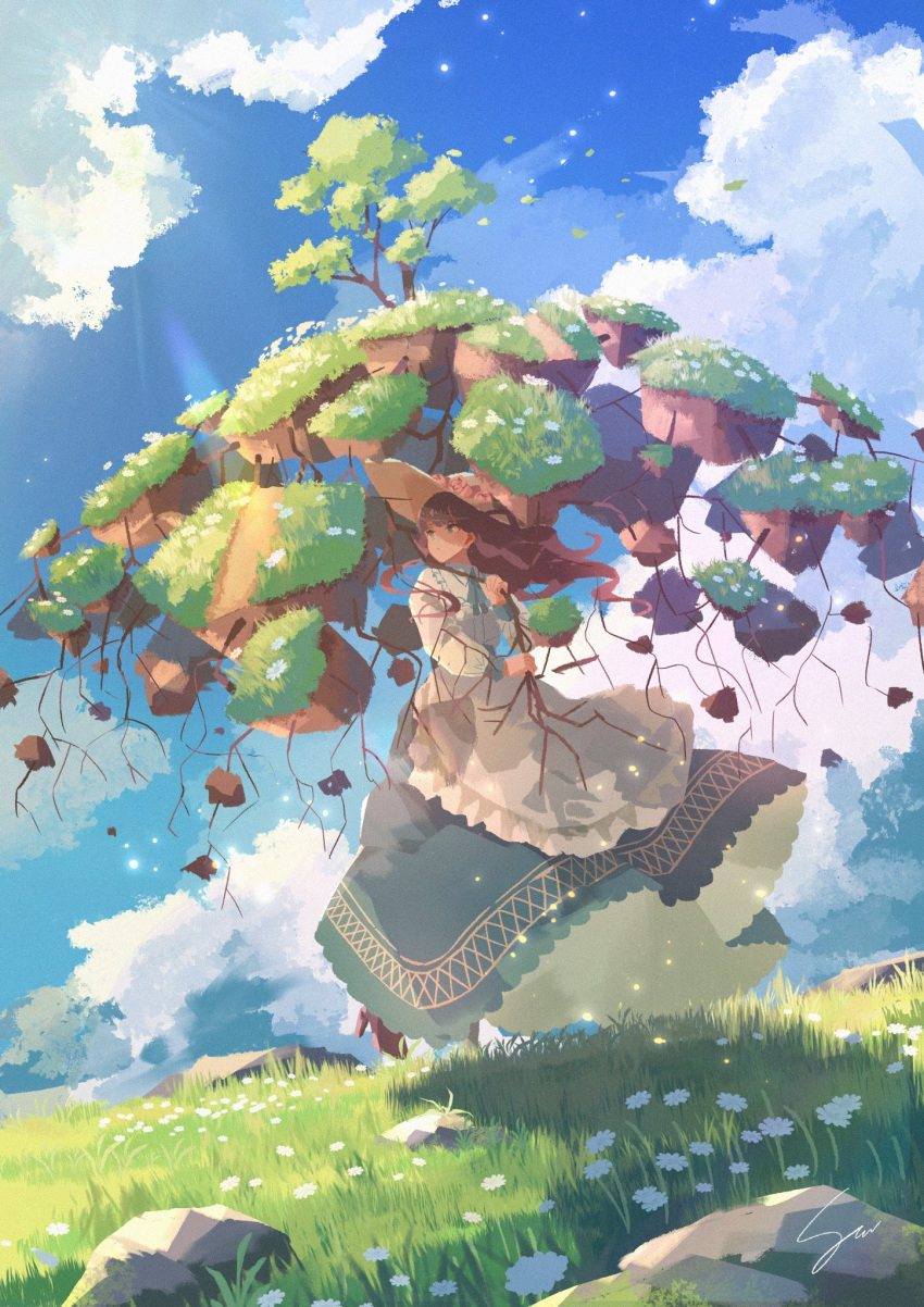 1girl apron atelier_umiyury blue_sky brown_hair cloud cloudy_sky commentary day dress flower frilled_apron frills grass green_dress hat hat_flower highres holding light_particles long_hair long_sleeves looking_afar original outdoors rock scenery signature sky solo tree walking white_apron white_flower