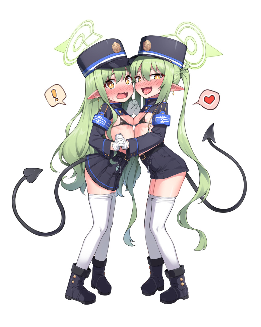 ! 2girls :d absurdres ankle_boots armband bikini bikini_top_only black_bikini black_footwear black_hat black_tail blue_archive blue_armband blush boots clothes_pull demon_tail from_side full_body gloves green_hair green_halo halo hat heart highres hikari_(blue_archive) holding_hands interlocked_fingers isinose_(ilxodidli) long_hair long_sleeves looking_at_viewer micro_bikini multiple_girls nozomi_(blue_archive) open_mouth pantyhose pantyhose_pull peaked_cap pointy_ears siblings simple_background sisters smile spoken_exclamation_mark spoken_heart swimsuit tail tongue tongue_out twins twintails white_background white_gloves white_pantyhose yellow_eyes