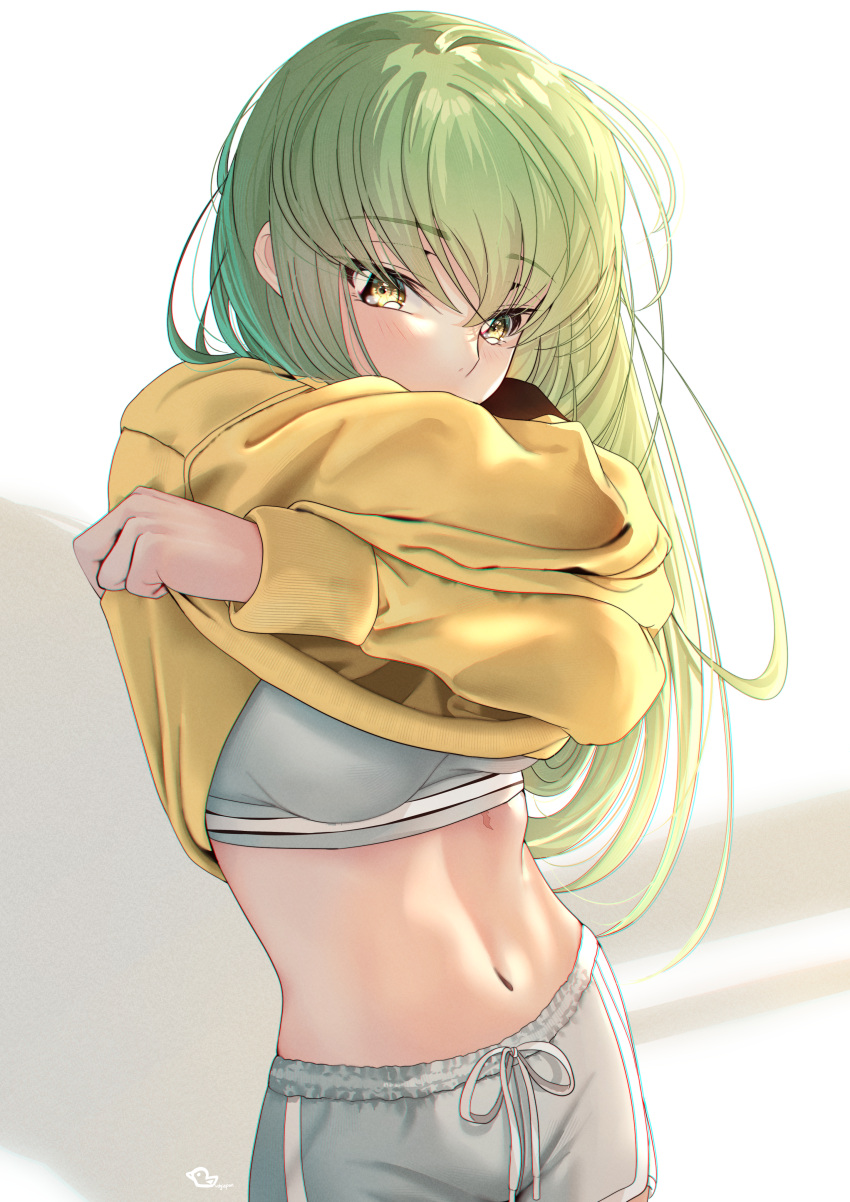 1girl absurdres blush breasts budgiepon c.c. clothes_lift code_geass commentary covered_mouth cowboy_shot crossed_arms crossed_bangs dolphin_shorts eyelashes eyes_visible_through_hair green_hair grey_shorts hair_between_eyes hands_up highres lifted_by_self long_hair looking_at_viewer medium_breasts midriff navel nose scar scar_on_stomach shorts sidelighting signature simple_background solo sports_bra stomach straight_hair sweater sweater_lift translated very_long_hair white_background yellow_eyes yellow_sweater