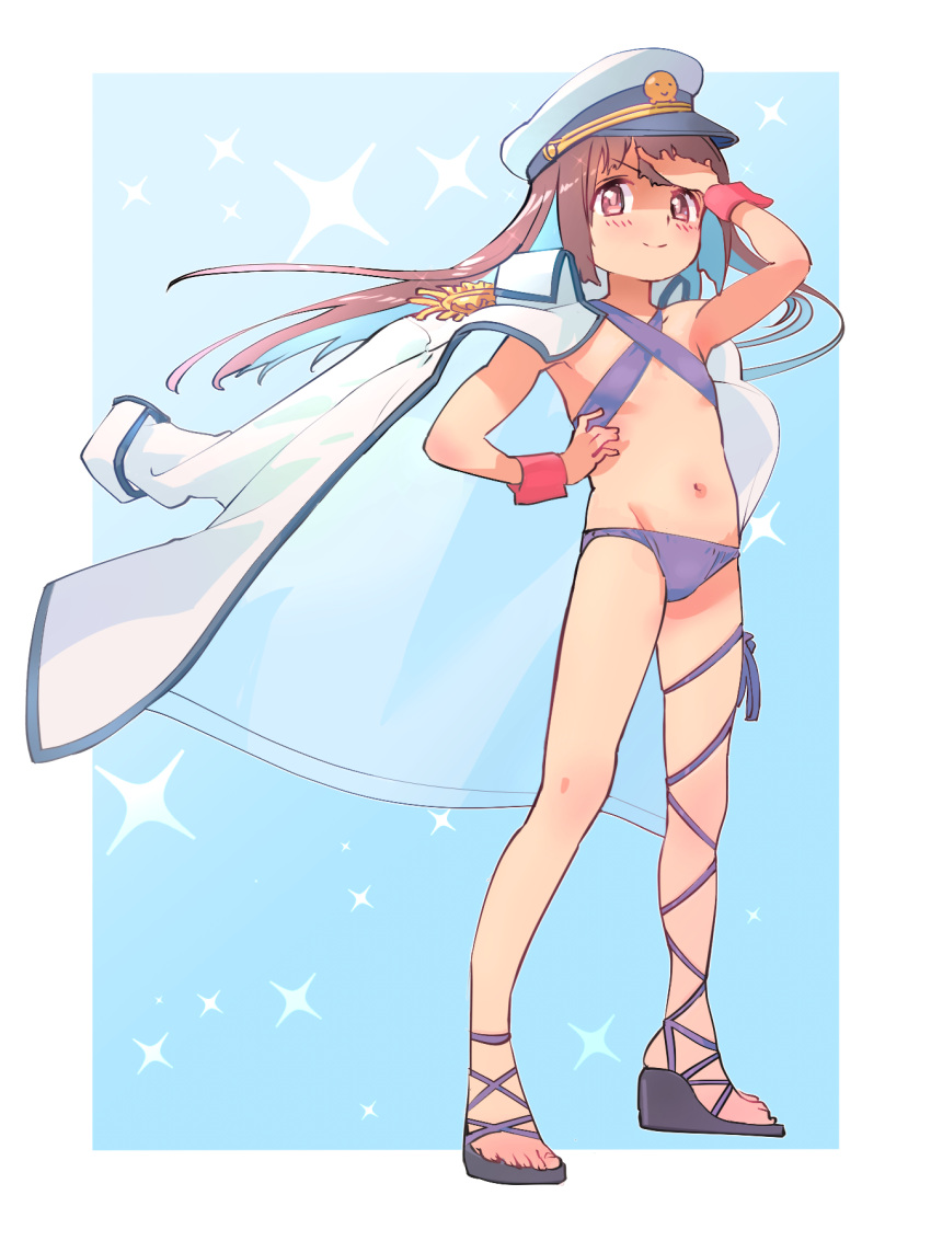 1girl bare_arms bikini blue_background blue_hair blunt_bangs blunt_ends border brown_eyes brown_hair coat coat_on_shoulders colored_inner_hair commentary criss-cross_halter epaulettes flat_chest full_body groin halterneck hand_in_own_hair hand_on_own_hip hand_up hat highres hozuki_momiji kyarahiba leg_ribbon light_blush multicolored_hair navel official_alternate_costume official_alternate_hair_length official_alternate_hairstyle onii-chan_wa_oshimai! outside_border peaked_cap platform_footwear platform_heels purple_bikini ribbon simple_background smile solo sparkle_background standing stomach swimsuit thigh_ribbon two-tone_hair white_border white_coat wrist_cuffs