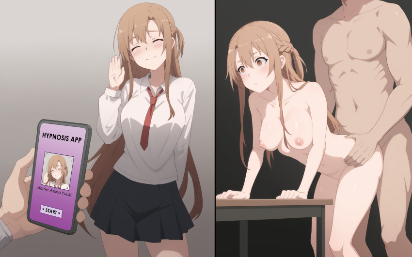 1boy 1girl absurdres ai-assisted asuna_(sao) black_skirt braid breasts brown_eyes brown_hair completely_nude empty_eyes english_commentary expressionless forced_smile french_braid guilegaze hair_between_eyes hands_on_table hetero highres holding holding_phone hypnosis leaning_forward long_hair long_sleeves medium_breasts mind_control miniskirt navel necktie nipples nude phone red_necktie school_uniform sex sex_from_behind shirt short_ponytail skirt standing standing_sex sword_art_online very_long_hair waving white_shirt