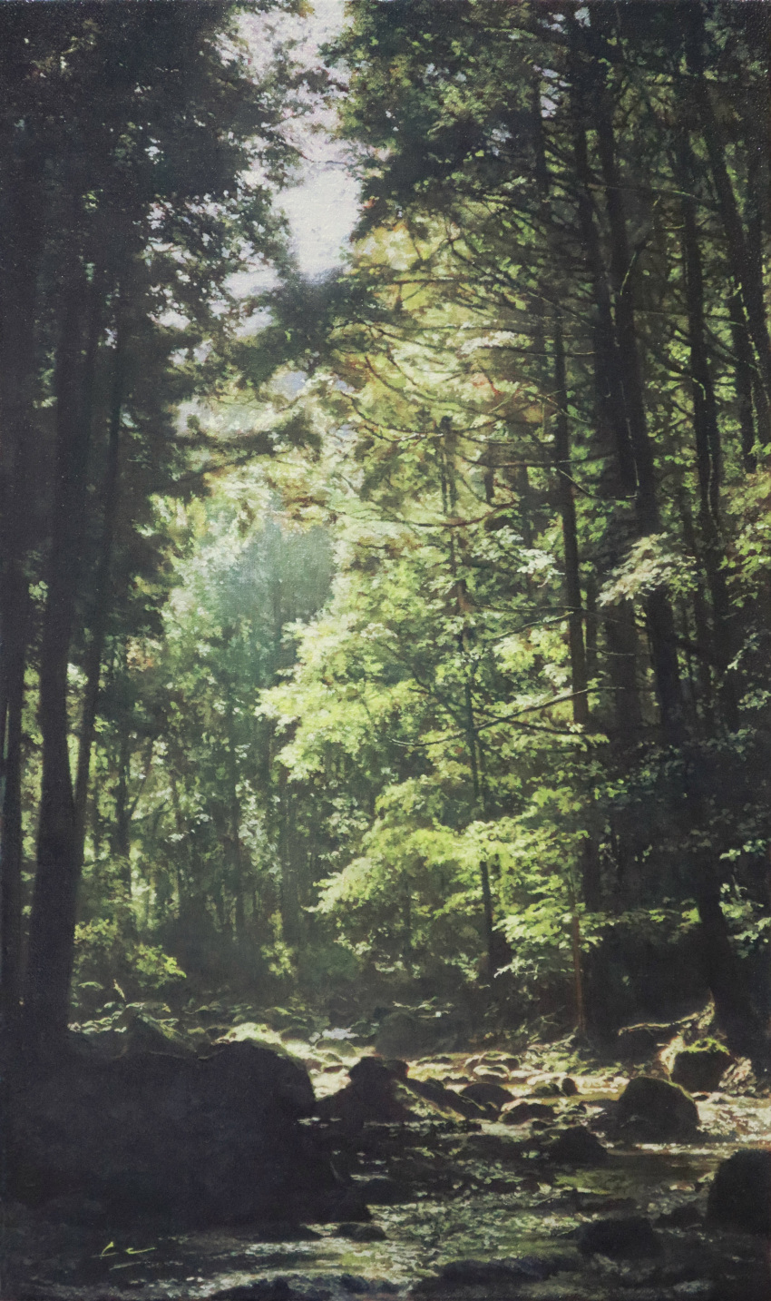 absurdres bush dappled_sunlight forest grass highres jungle moss naohiro_ito nature no_humans oil_painting_(medium) original painting_(medium) photorealistic plant realistic river riverbank rock sapling scenery shadow sunlight traditional_media tree