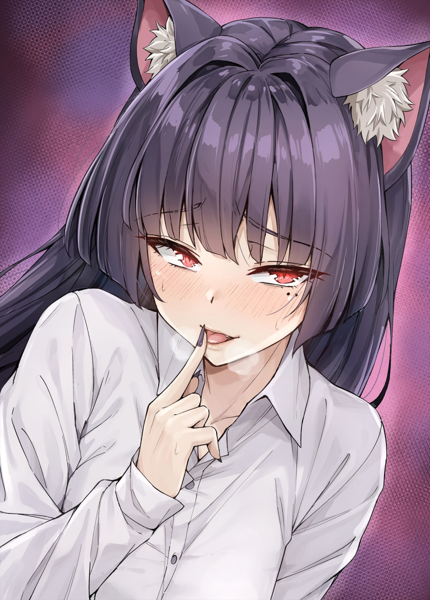 1girl animal_ear_fluff animal_ears black_hair black_nails blush cat_ears cat_girl collared_shirt fang highres koyuki_(kotatsu358) long_hair long_sleeves looking_at_viewer mole mole_under_eye original red_eyes shirt solo tongue tongue_out white_shirt