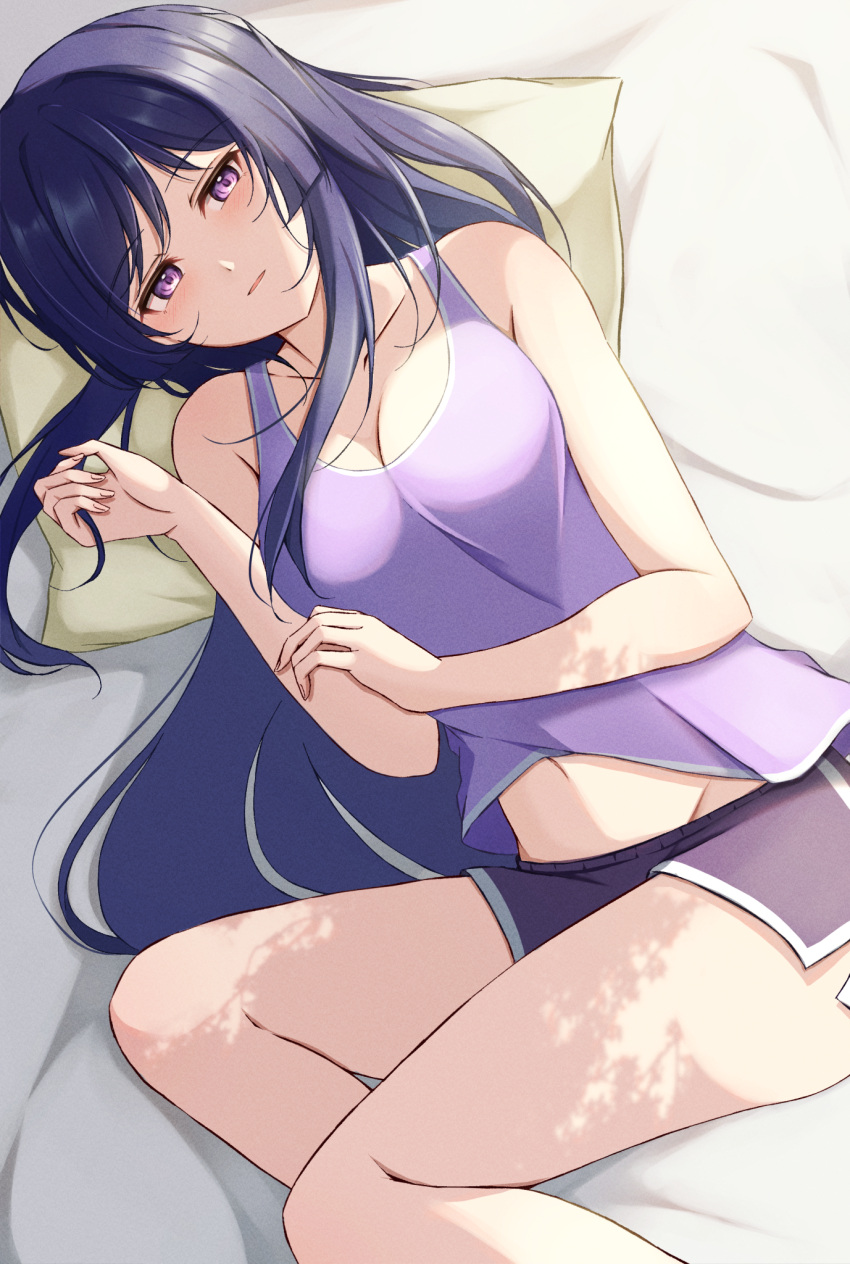 1girl 7-mzk assault_lily bare_arms bare_shoulders bed_sheet breasts cleavage collarbone commentary_request feet_out_of_frame groin hair_spread_out half-closed_eyes hands_up highres itou_shizu_(assault_lily) light_blush light_smile long_hair looking_at_viewer lying medium_breasts midriff_peek navel on_side parted_lips pillow purple_eyes purple_hair purple_shorts purple_tank_top shorts side_slit side_slit_shorts sidelocks solo tank_top tree_shade very_long_hair