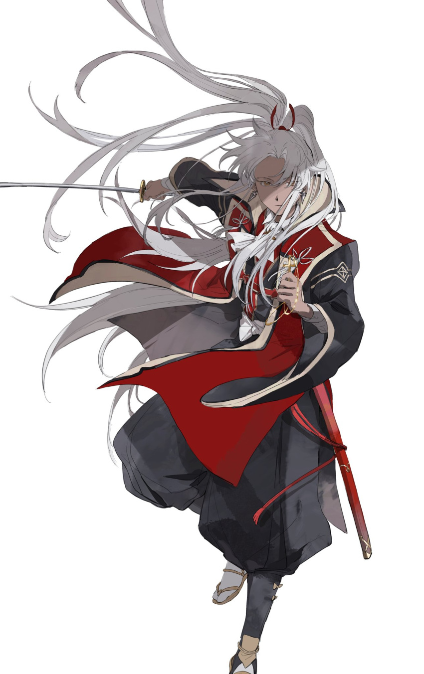 1boy amakusa_shirou_(fate) amakusa_shirou_(third_ascension)_(fate) ascot cross dark-skinned_male dark_skin earrings fate/grand_order fate_(series) full_body highres holding holding_cross japanese_clothes jewelry jinbaori kataginu katana long_hair looking_at_viewer male_focus mimulishizi ponytail ribbon simple_background solo sword very_long_hair weapon white_ascot white_background white_hair wide_sleeves yellow_eyes