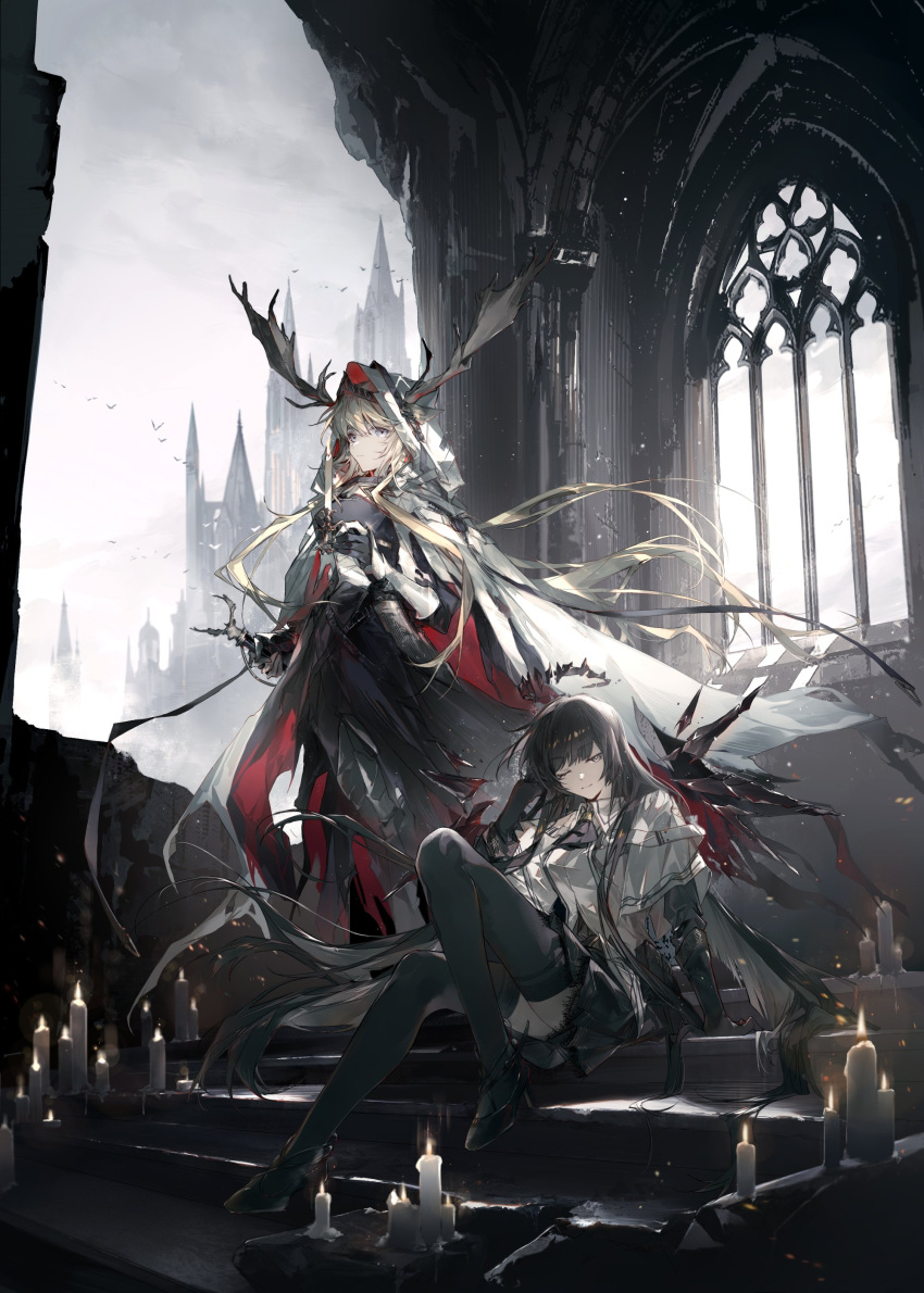 2girls absurdres antlers arch arknights arm_at_side arm_rest armor black_footwear black_hair black_skirt black_thighhighs blonde_hair breastplate candle cape capelet cheonyeon-hi closed_mouth cloud cloudy_sky deer_antlers detached_wings full_body gauntlets grey_eyes hand_in_own_hair hand_on_hilt high_heels highres holding_candle_stand hood hood_up hooded_cape horns indoors knee_up long_hair looking_at_viewer multiple_girls one_eye_closed overcast pleated_skirt ruins shirt simple_bird sitting sitting_on_stairs skirt sky smile spire stairs straight_hair thighhighs vambraces virtuosa_(arknights) viviana_(arknights) white_cape white_capelet white_shirt window wings