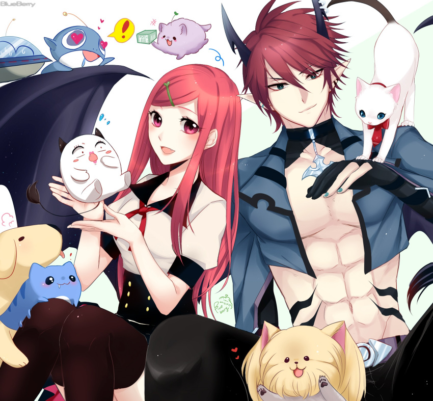 ! 1boy 1girl :3 abs alien animal_on_shoulder black_horns black_pants black_skirt blue_eyes blush brown_thighhighs cat closed_mouth commentary_request crop_top cross cross_necklace demon_boy demon_wings dog feet_out_of_frame fingernails gloves green_nails grey_shirt hair_between_eyes hair_ornament hairclip highres horns jewelry labrador_retriever lanmei_jiang long_bangs long_hair looking_at_viewer medium_bangs ming_wei_aiqing_de_chibang navel necklace open_clothes open_mouth open_shirt pants partially_fingerless_gloves pointy_ears red_eyes red_hair shih_tzu shirt short_hair sitting skirt smile swept_bangs thighhighs ufo undersized_animal white_cat white_shirt wings wolf