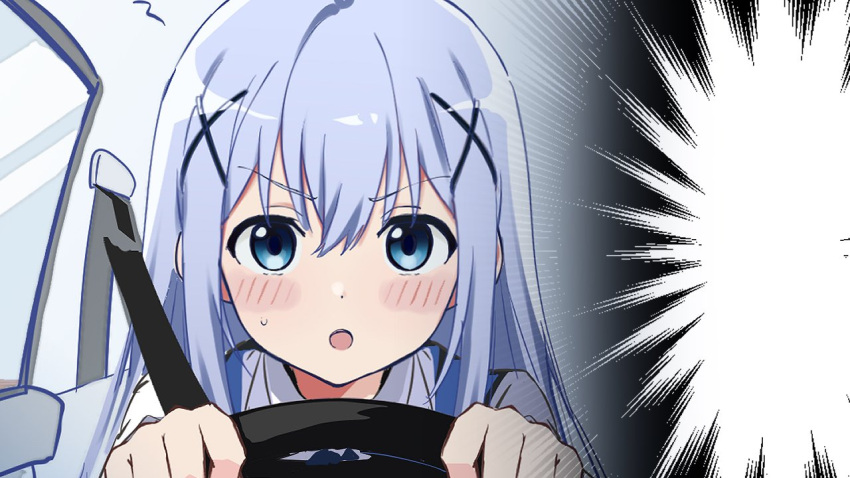 1girl :o blue_dress blue_eyes blue_hair blush blush_stickers car car_interior collared_shirt commentary dot_nose dress driving furrowed_brow gochuumon_wa_usagi_desu_ka? hair_between_eyes hair_ornament kafuu_chino long_bangs long_hair looking_at_viewer motor_vehicle open_mouth portrait rauto seatbelt shirt sidelocks solo steering_wheel straight-on straight_hair sweatdrop white_shirt window x_hair_ornament