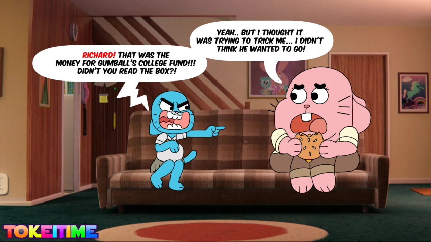 angry cartoon_network dialogue domestic_cat english_text felid feline felis female hi_res lagomorph leporid male mammal nicole_watterson pregnant rabbit richard_watterson text the_amazing_world_of_gumball tokeitime